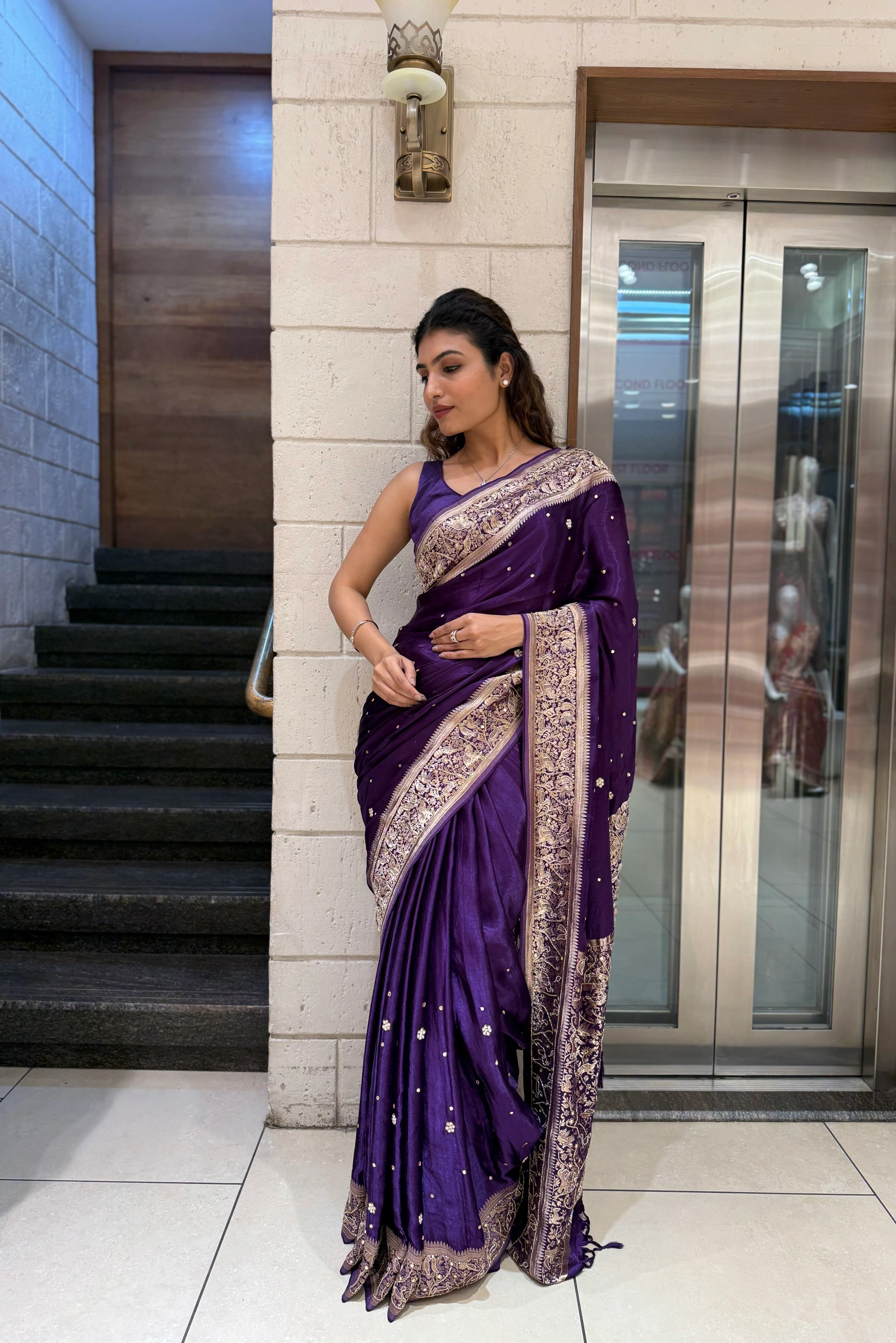 Royal Purple Satin Silk Saree with Zari Embroidered Border & Sequin Detailing - Image 8