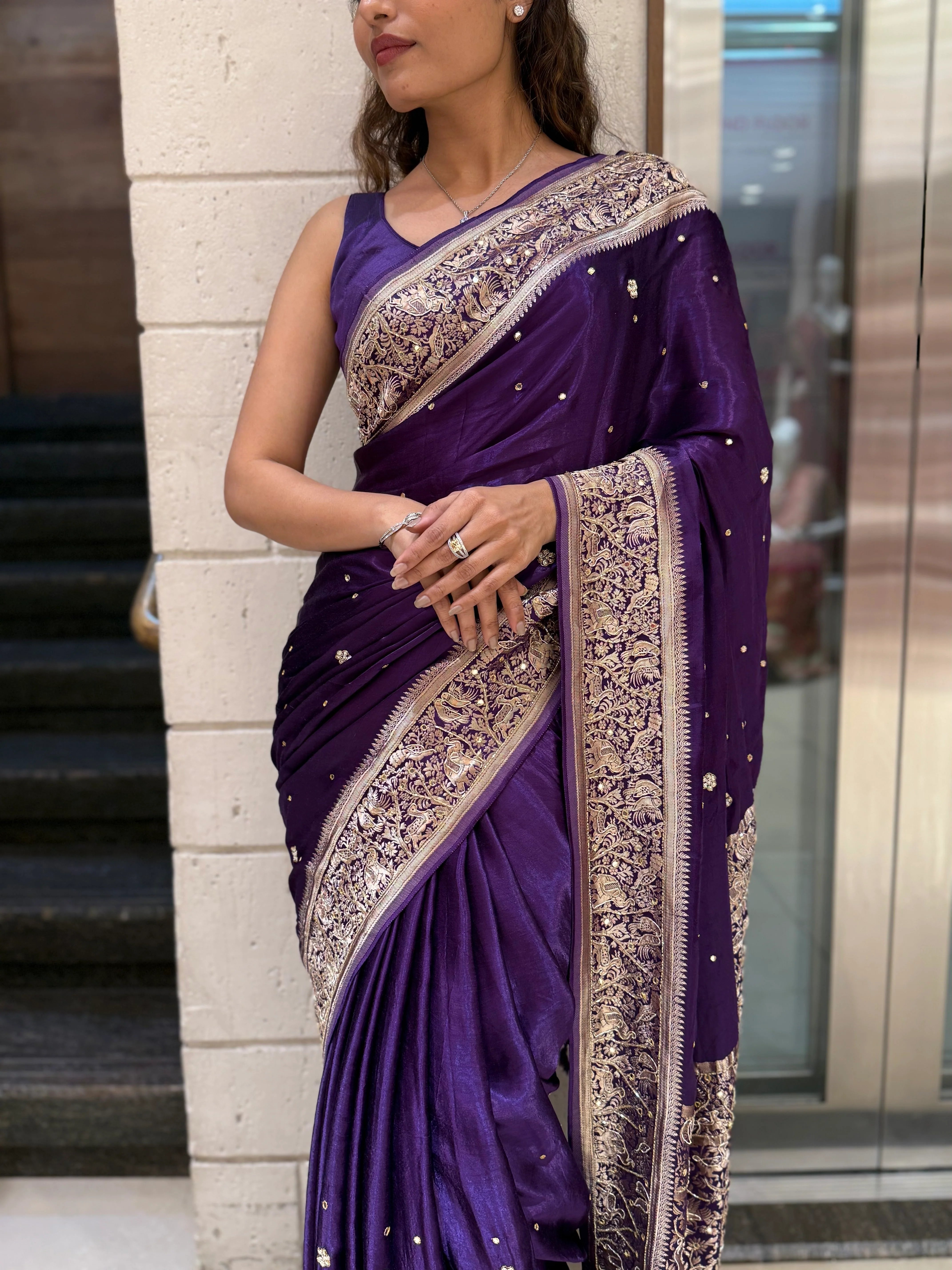 Royal Purple Satin Silk Saree with Zari Embroidered Border & Sequin Detailing - Image 9