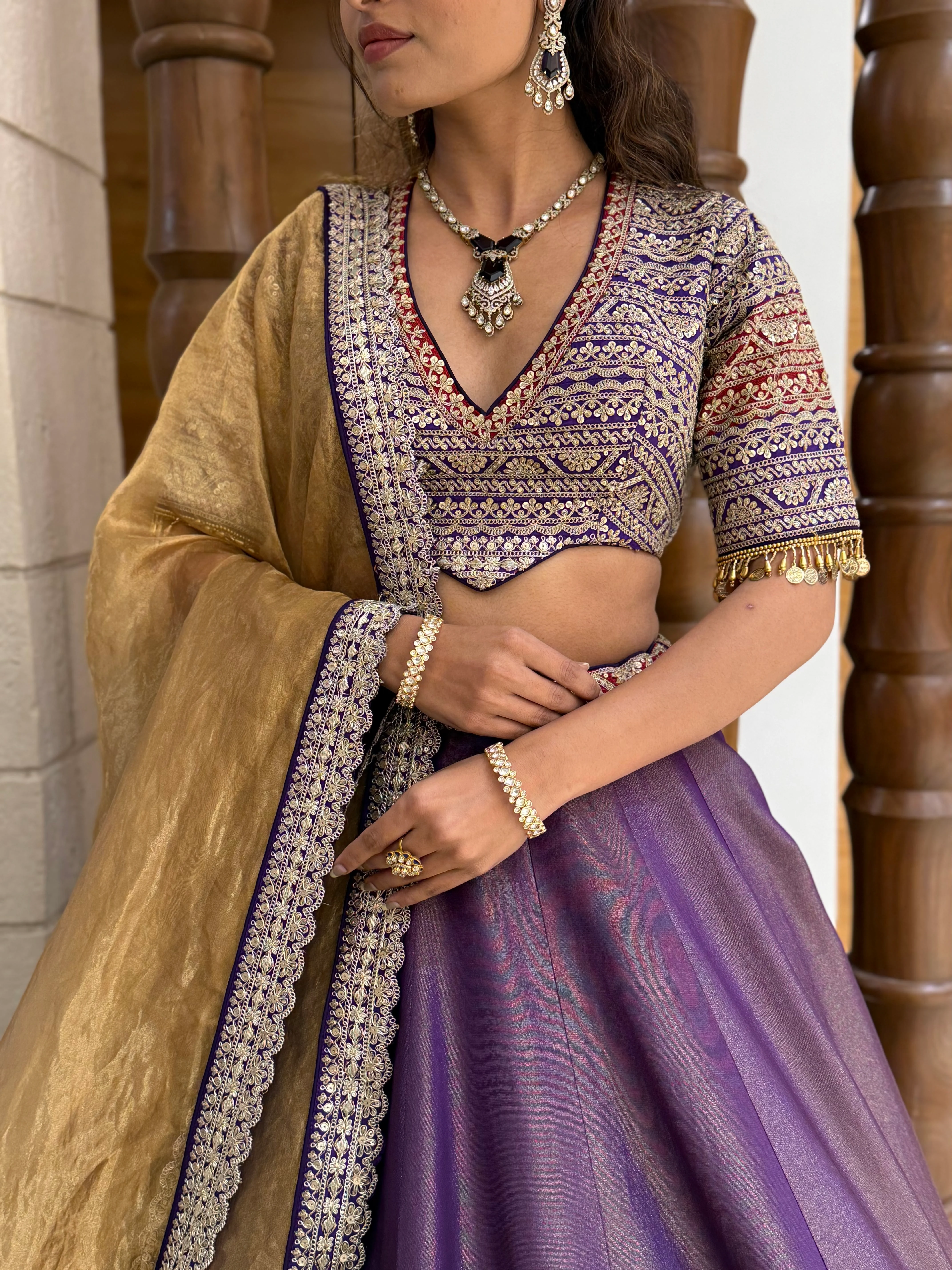 Royal Purple Silk Lehenga Set with Heavily Embroidered Blouse & Gold Dupatta - Image 2