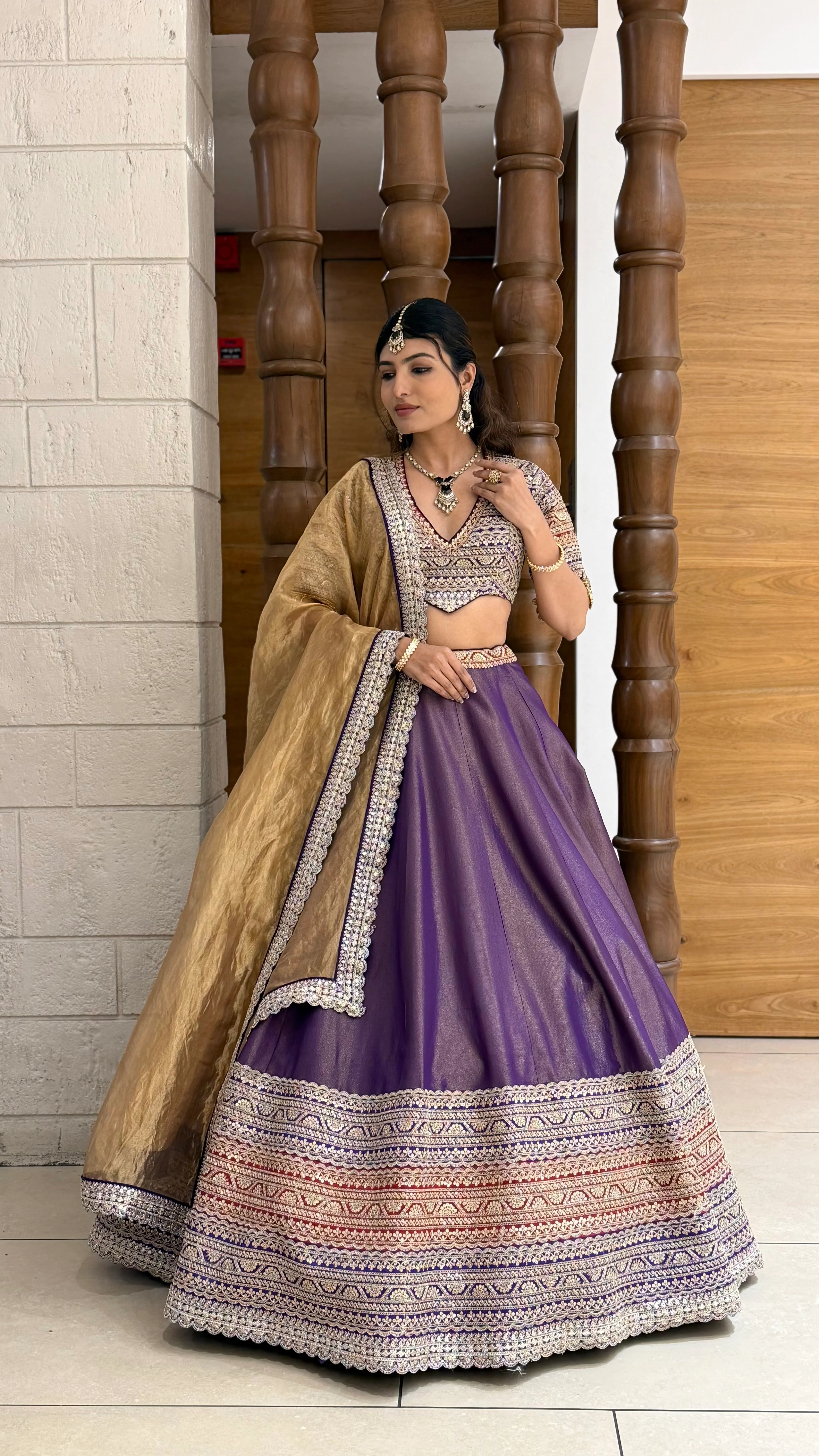 Royal Purple Silk Lehenga Set with Heavily Embroidered Blouse & Gold Dupatta - Image 3