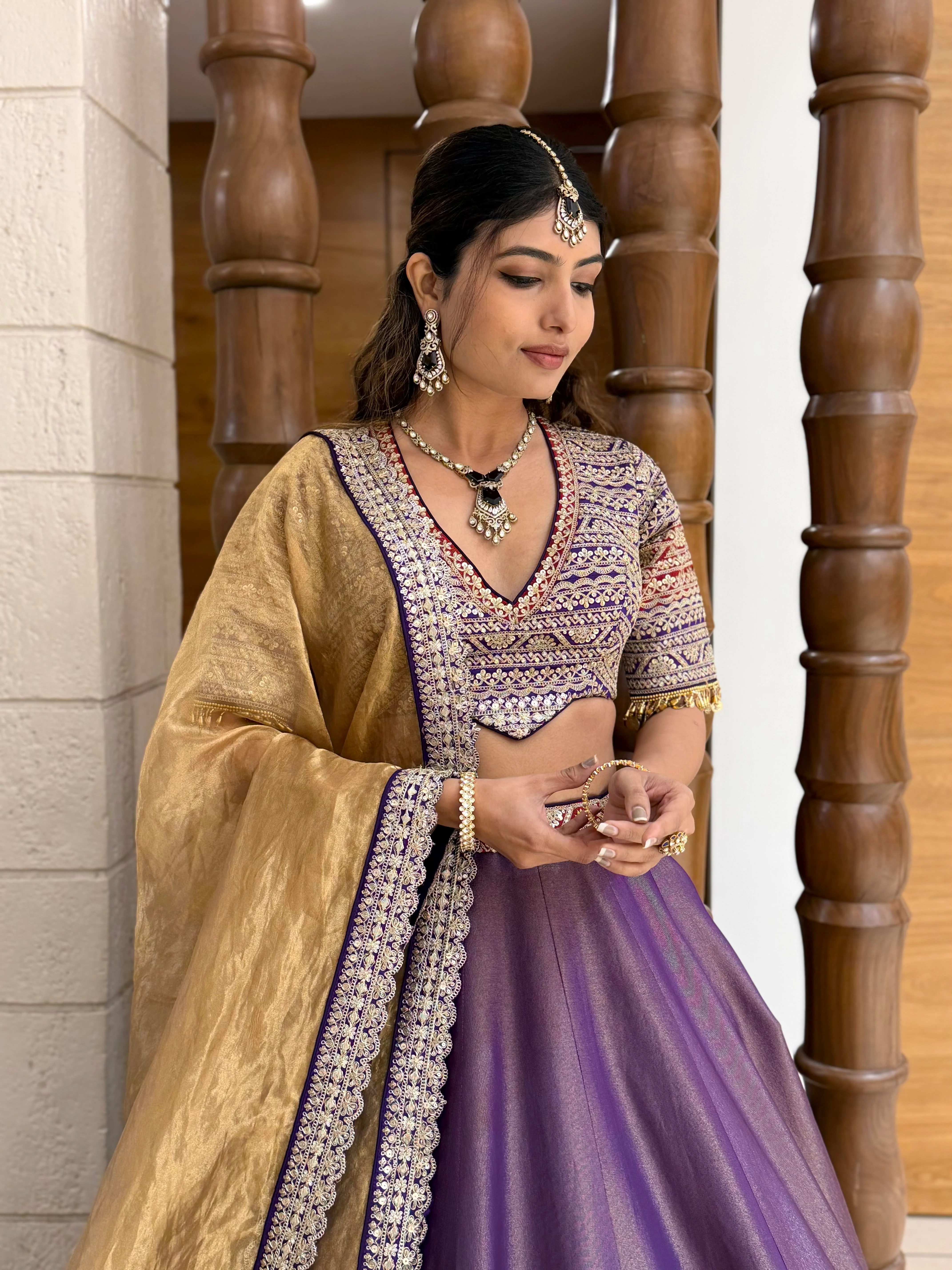 Royal Purple Silk Lehenga Set with Heavily Embroidered Blouse & Gold Dupatta - Image 4