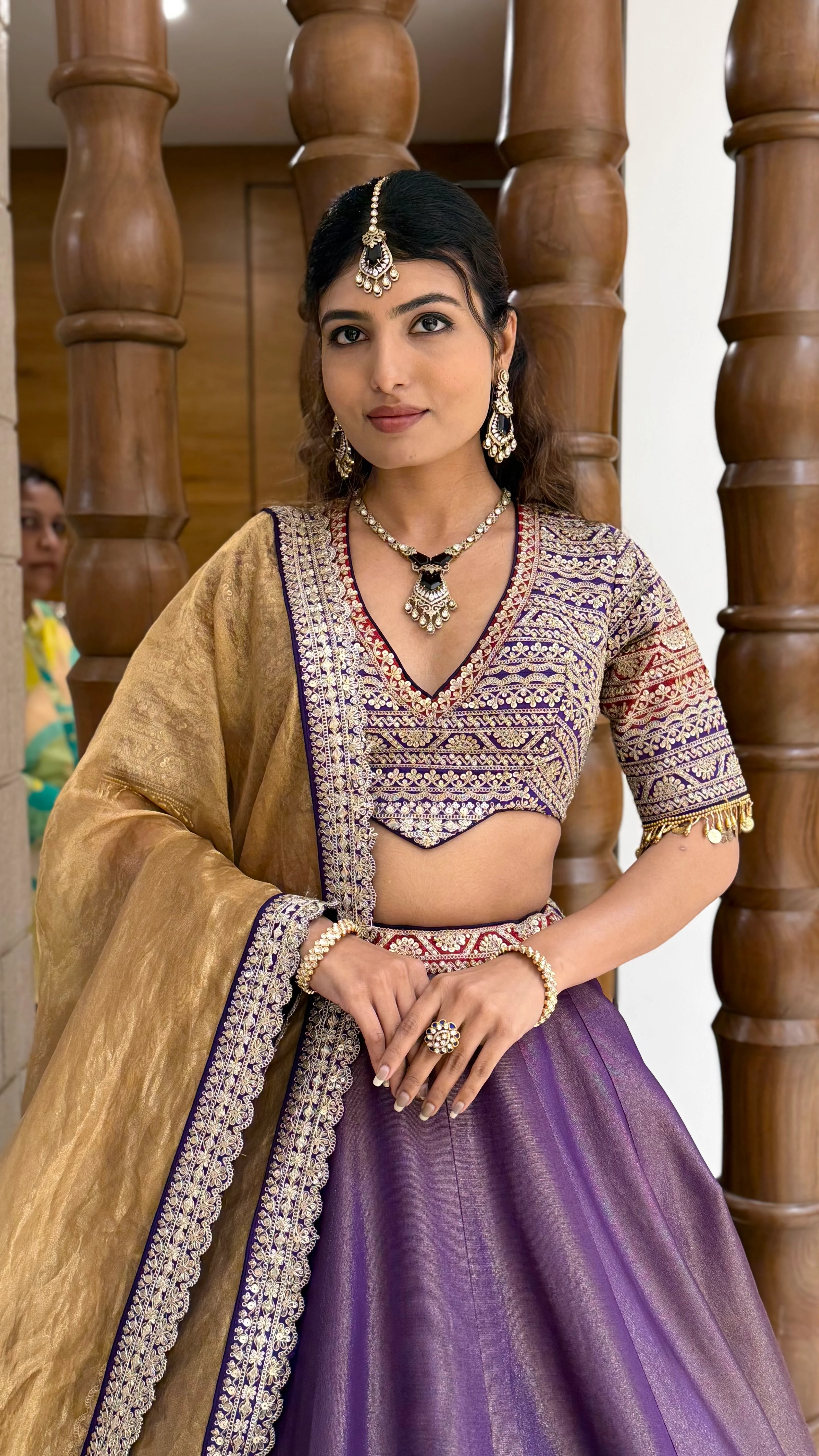 Royal Purple Silk Lehenga Set with Heavily Embroidered Blouse & Gold Dupatta - Image 5