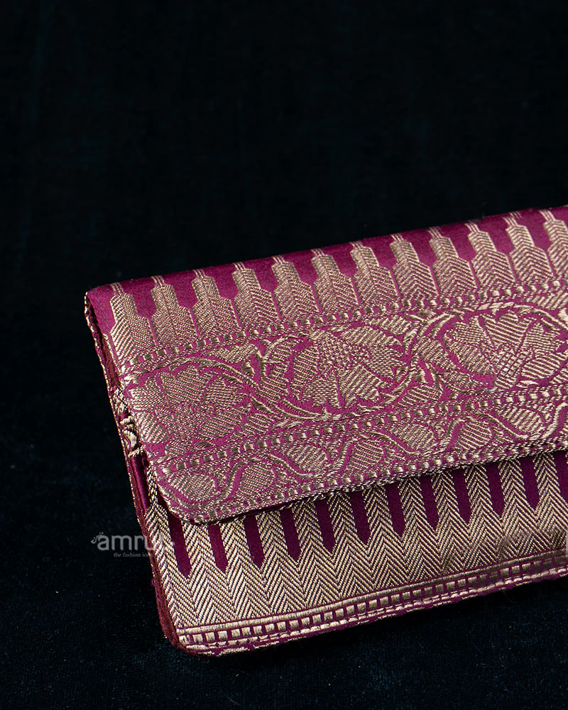 Royal Purple Silk Clutch with Golden Floral Motifs - Image 2
