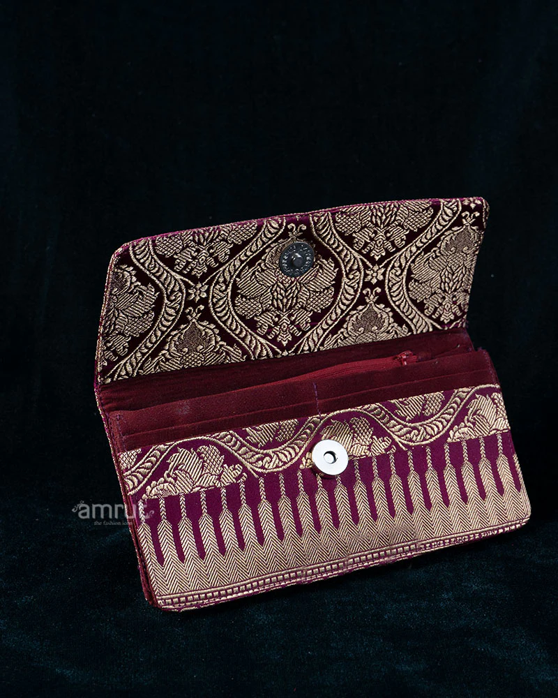 Royal Purple Silk Clutch with Golden Floral Motifs - Image 3