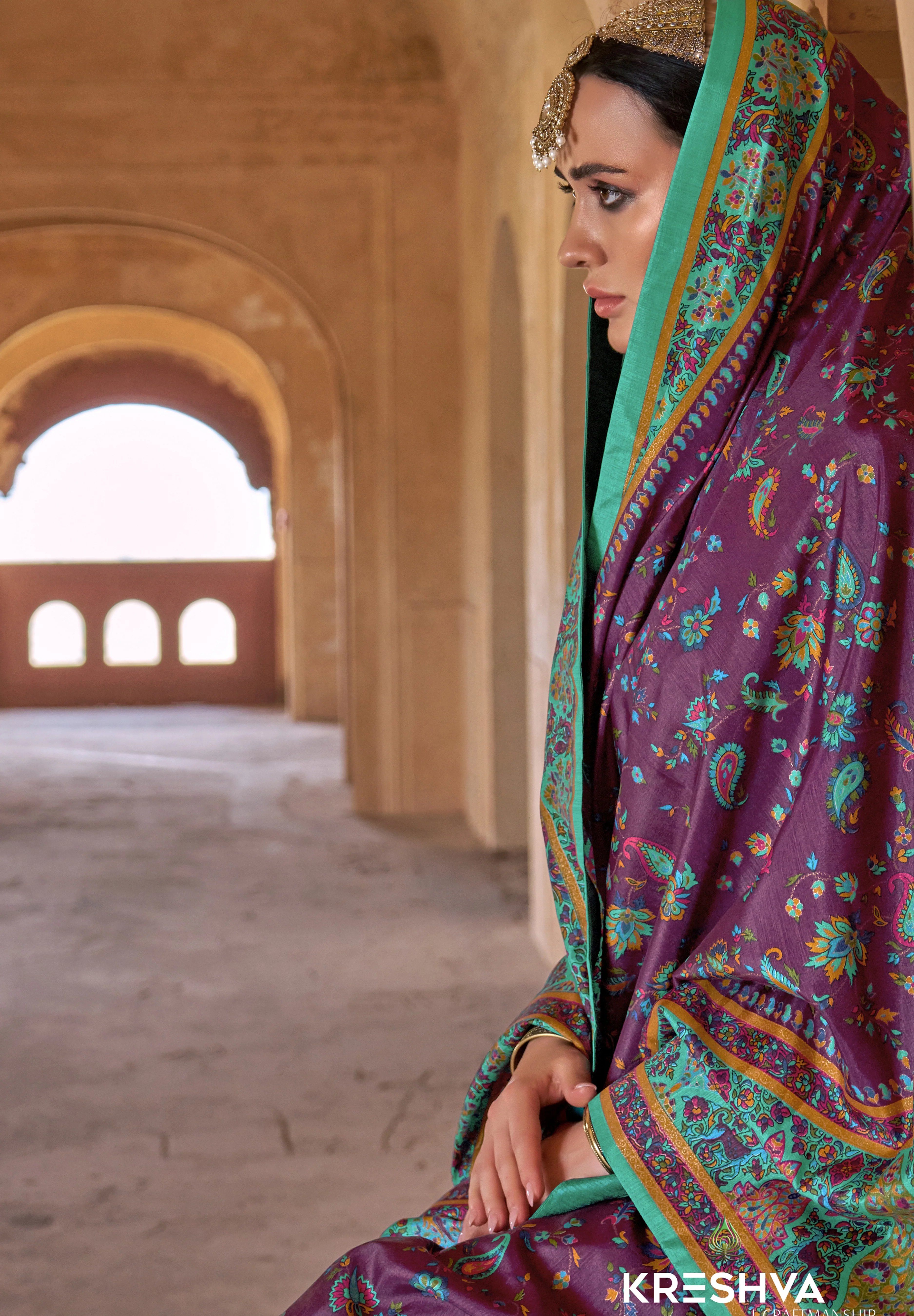 Royal Purple & Teal Green Heritage Pashmina Inspired Designer Saree with Traditional Border - Image 2