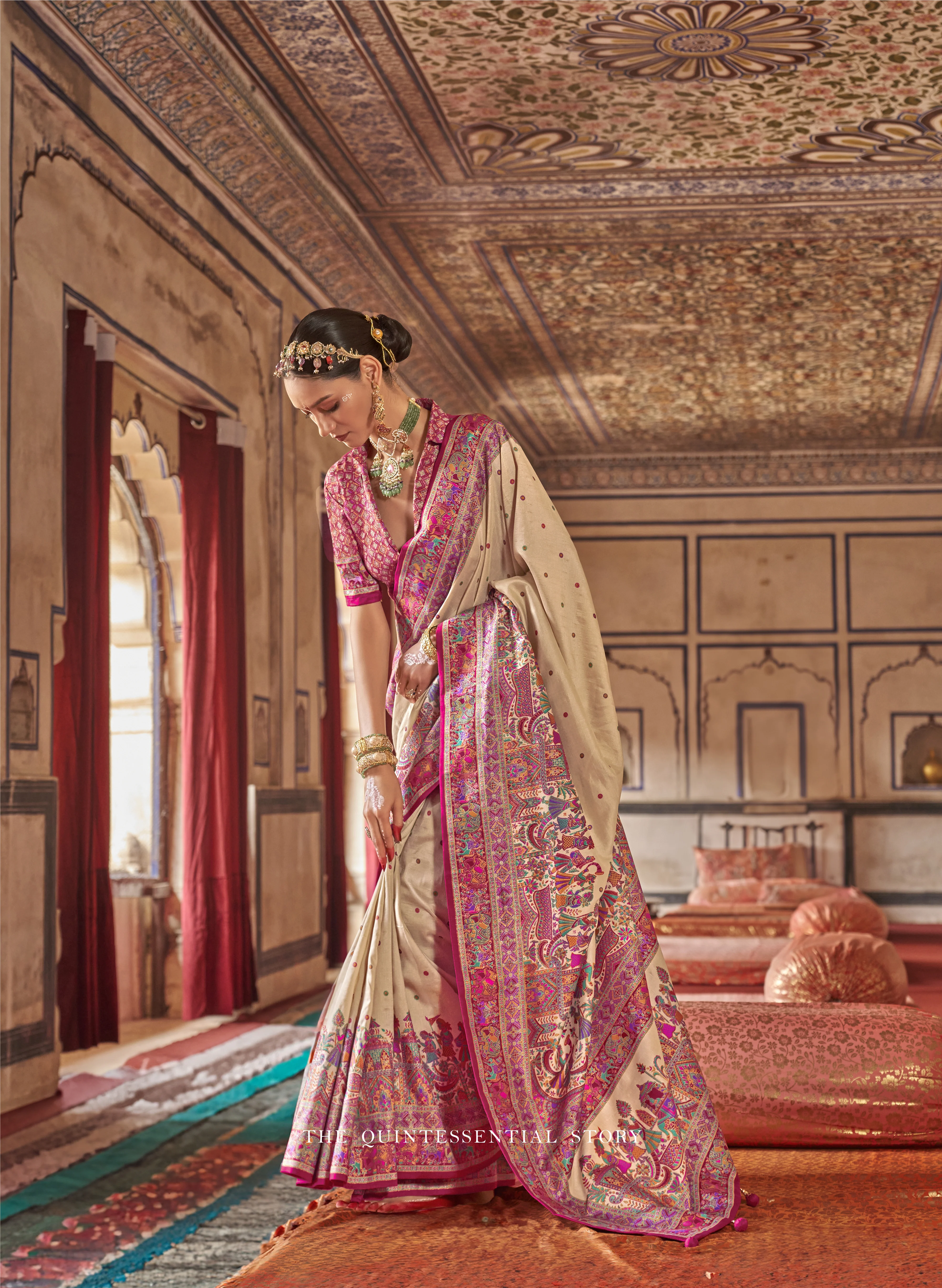 Royal Rajtilak  Pashmina Inspired Heritage Print Cream Saree with Traditional Folk Border - Image 10