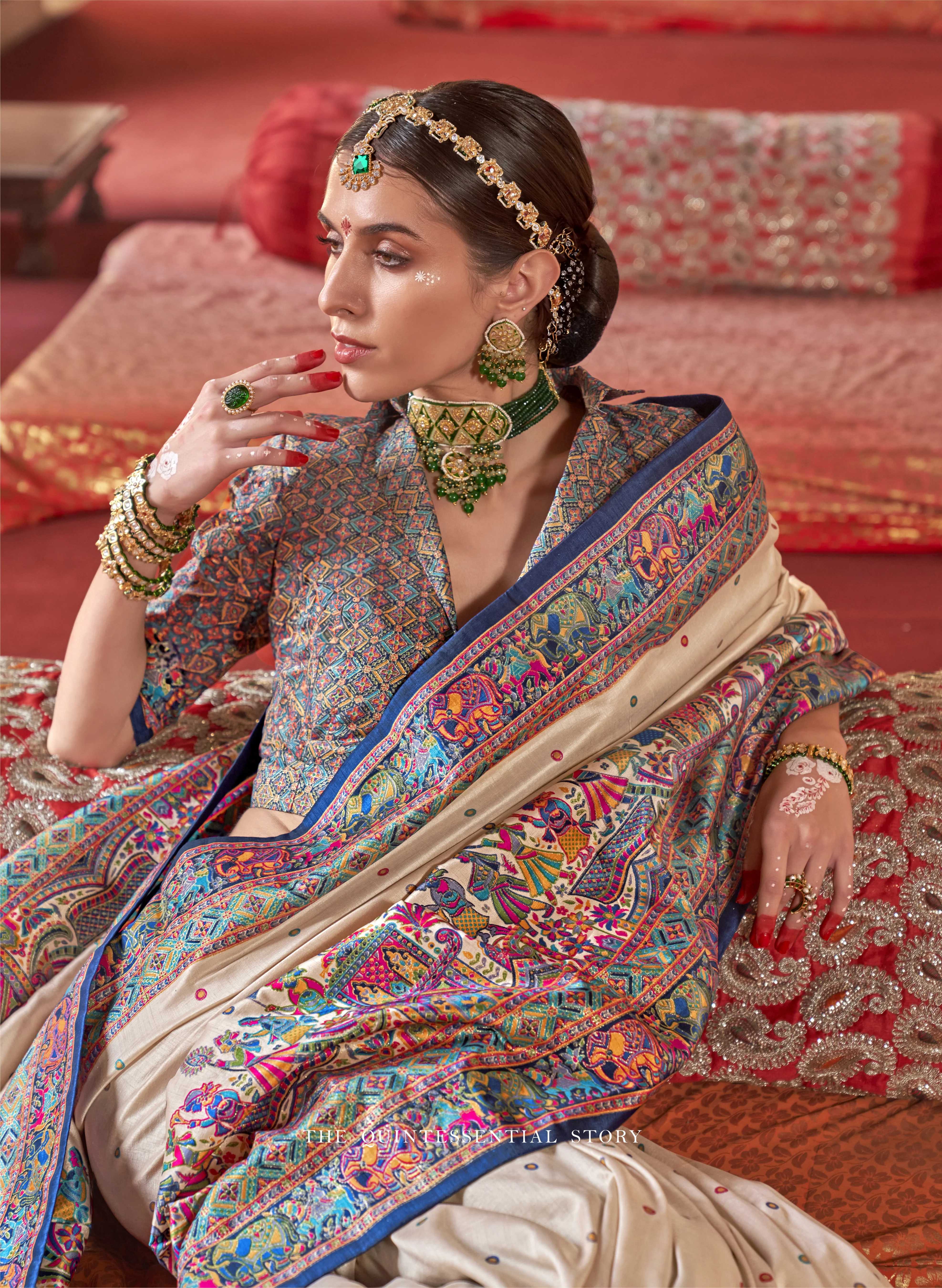 Royal Rajtilak  Pashmina Inspired Heritage Print Cream Saree with Traditional Folk Border - Image 12