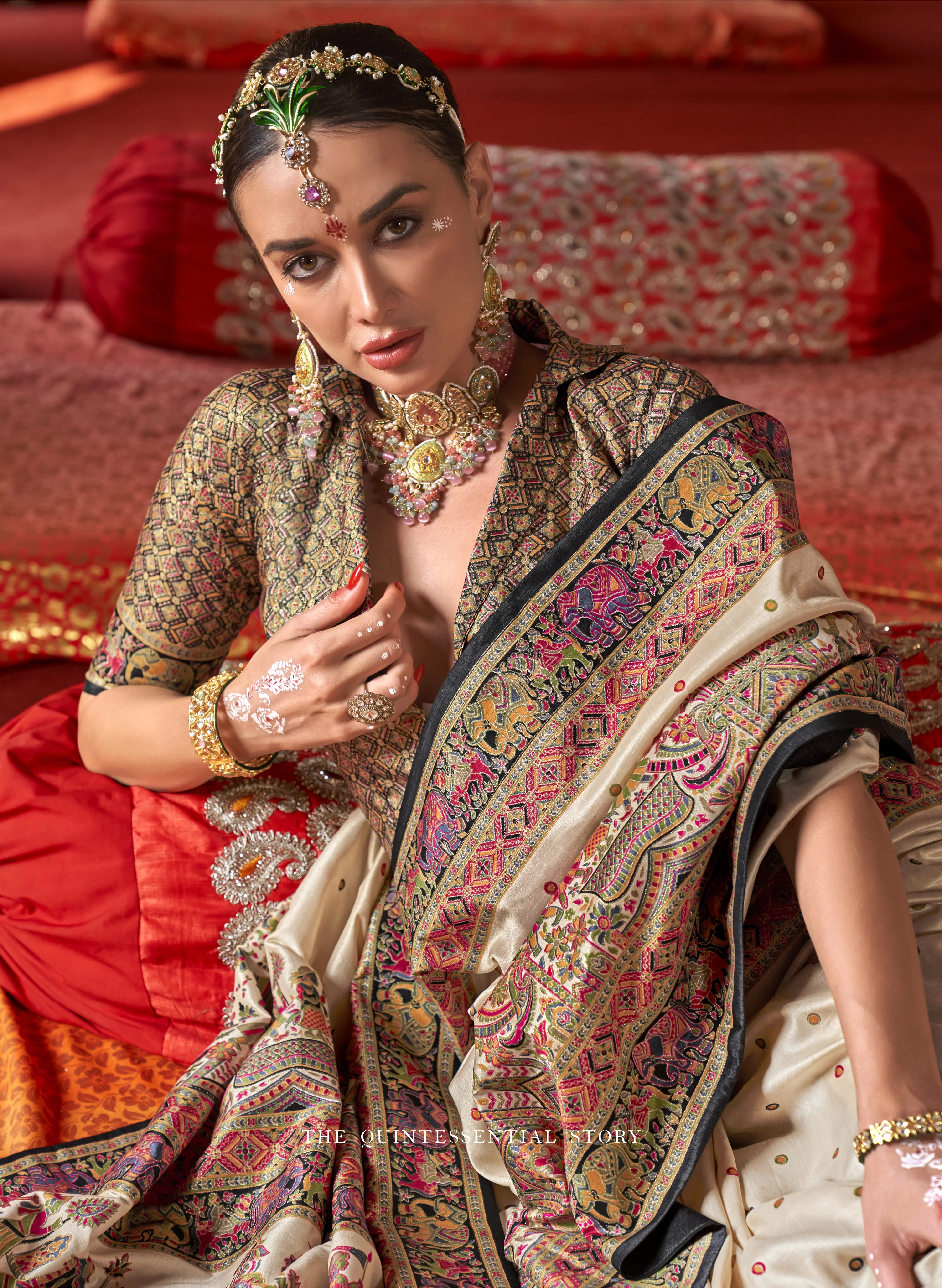 Royal Rajtilak  Pashmina Inspired Heritage Print Cream Saree with Traditional Folk Border - Image 2