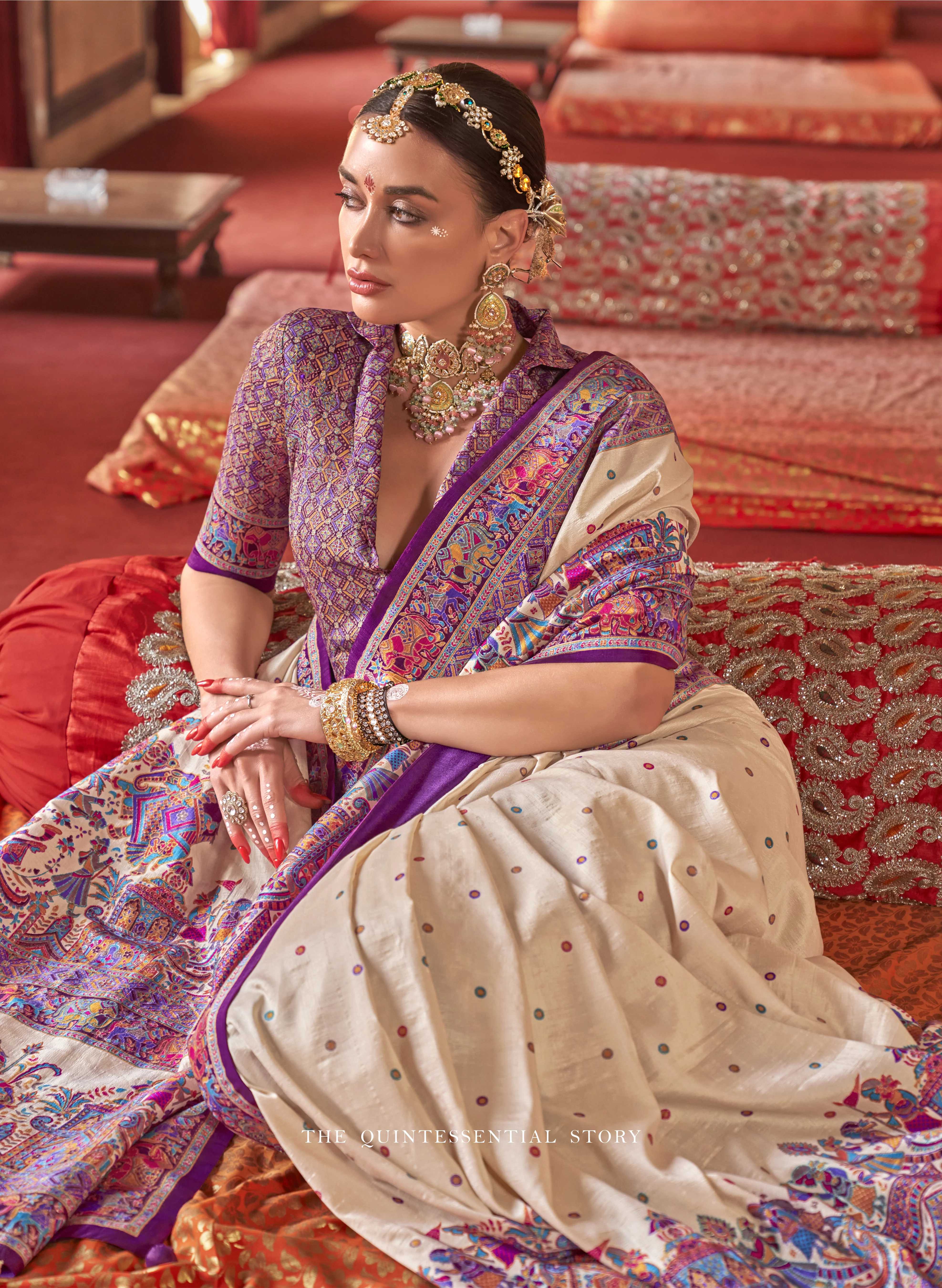 Royal Rajtilak  Pashmina Inspired Heritage Print Cream Saree with Traditional Folk Border - Image 4