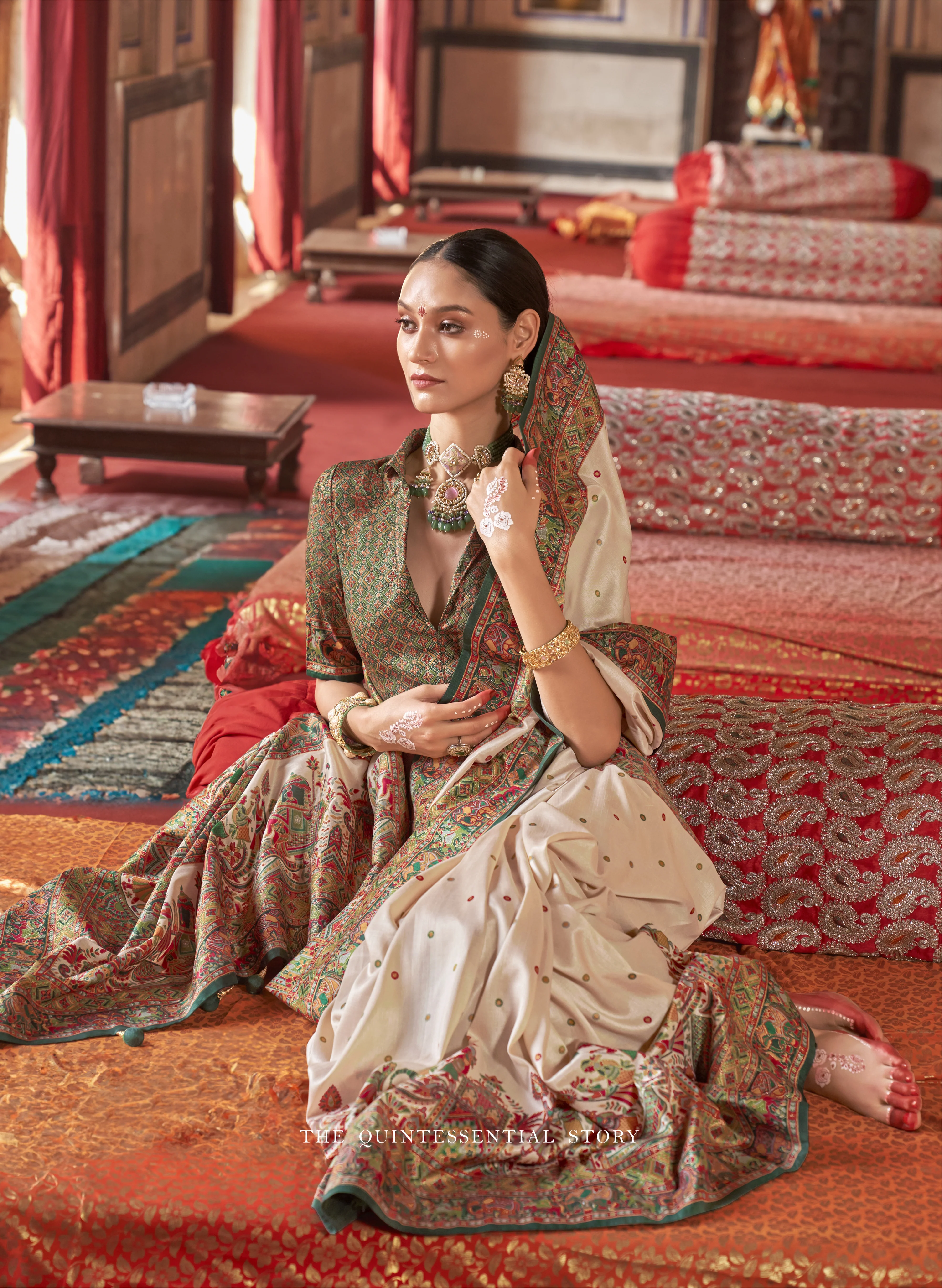 Royal Rajtilak  Pashmina Inspired Heritage Print Cream Saree with Traditional Folk Border - Image 6