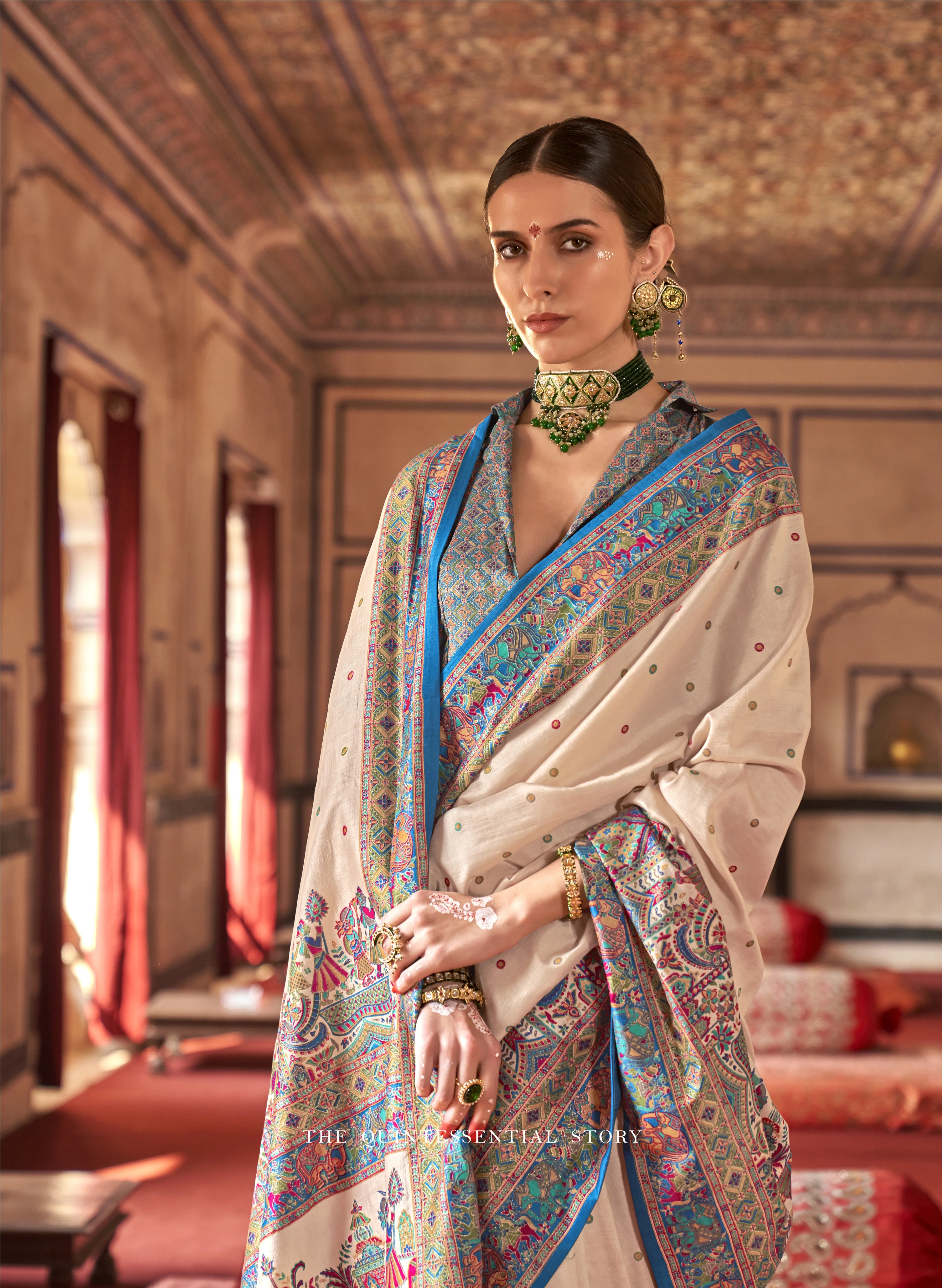 Royal Rajtilak  Pashmina Inspired Heritage Print Cream Saree with Traditional Folk Border - Image 8