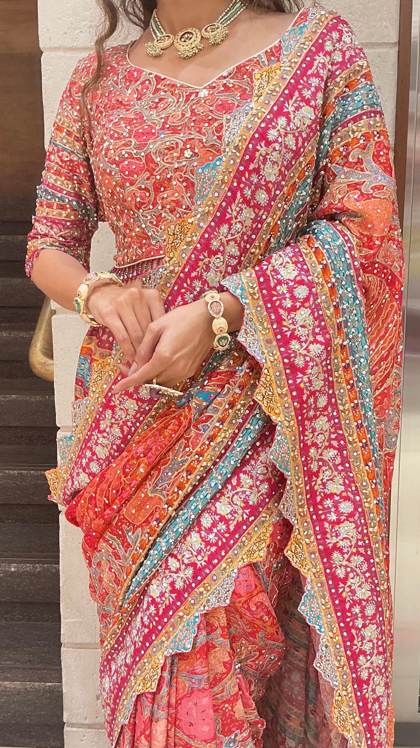 Royal Rani Pink & Coral Multi-Color Heavy Embroidered Designer Saree - Image 2