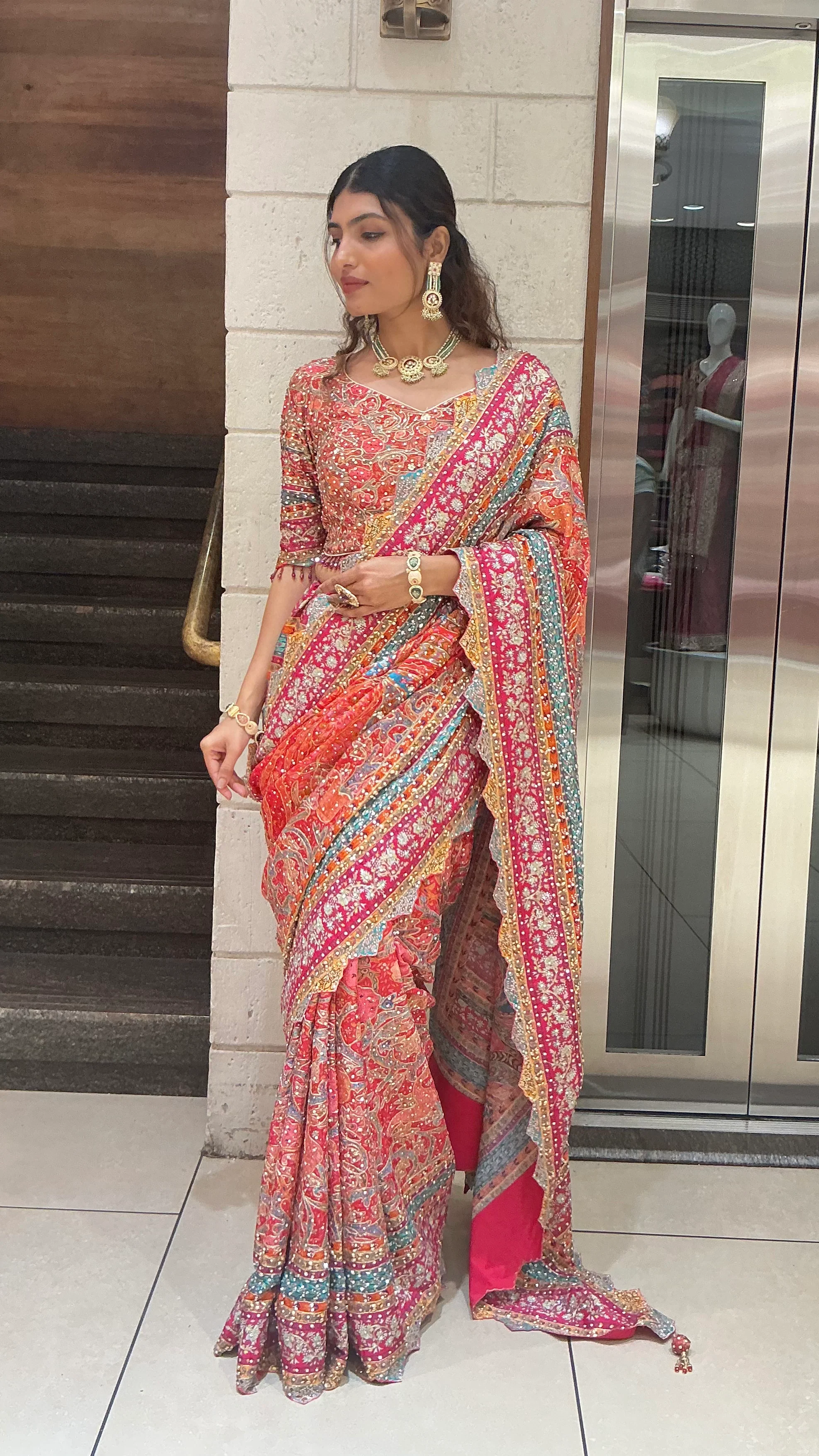 Royal Rani Pink & Coral Multi-Color Heavy Embroidered Designer Saree - Image 3
