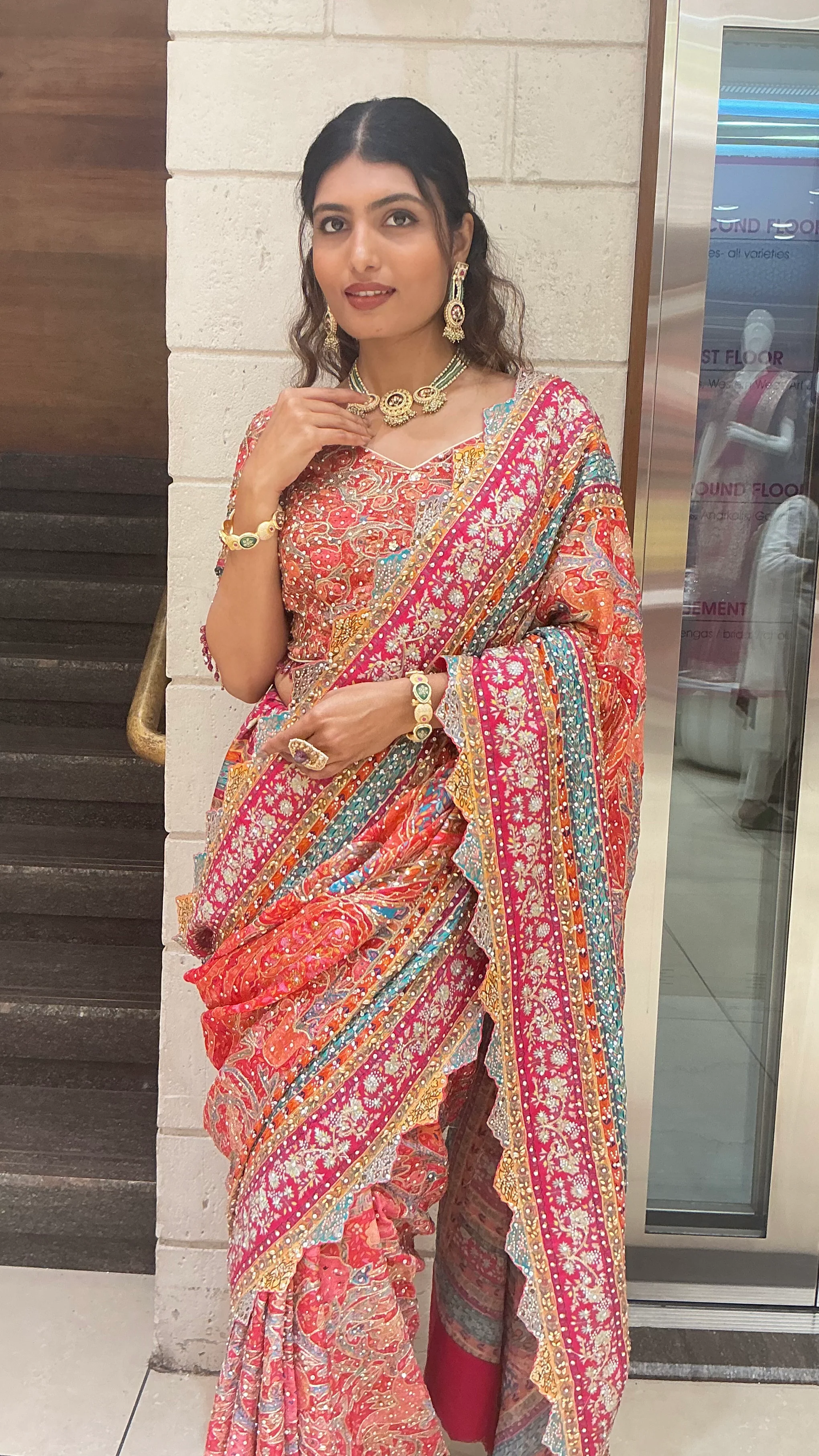 Royal Rani Pink & Coral Multi-Color Heavy Embroidered Designer Saree - Image 4