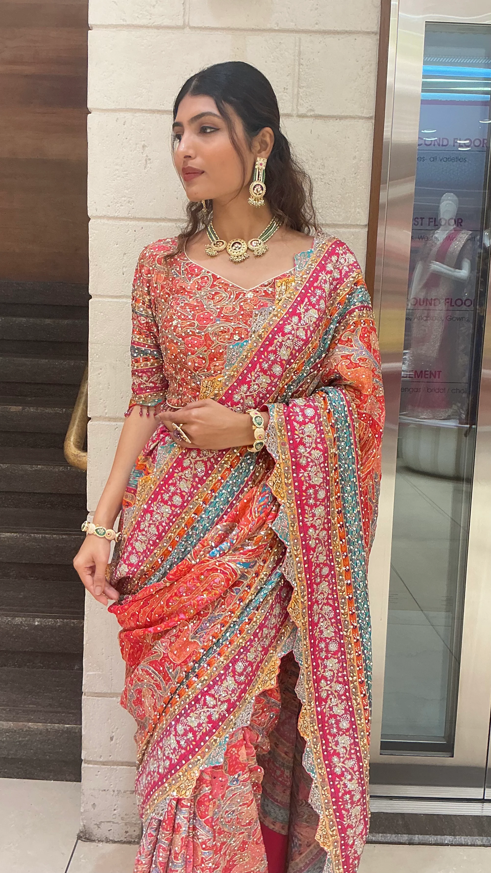 Royal Rani Pink & Coral Multi-Color Heavy Embroidered Designer Saree - Image 5