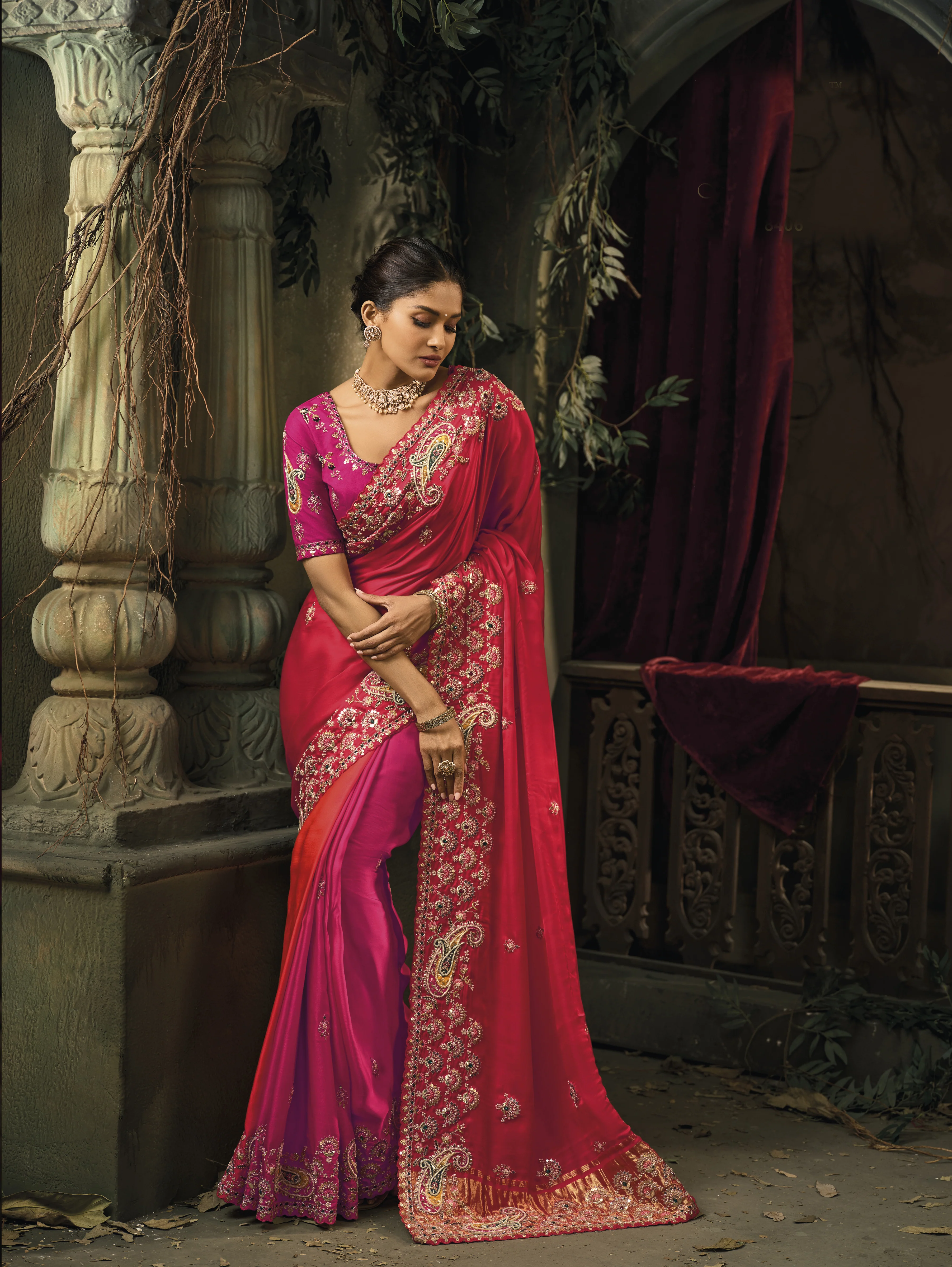 Royal Rani Pink Silk Saree with Heavy Zari Embroidery Border - Image 4