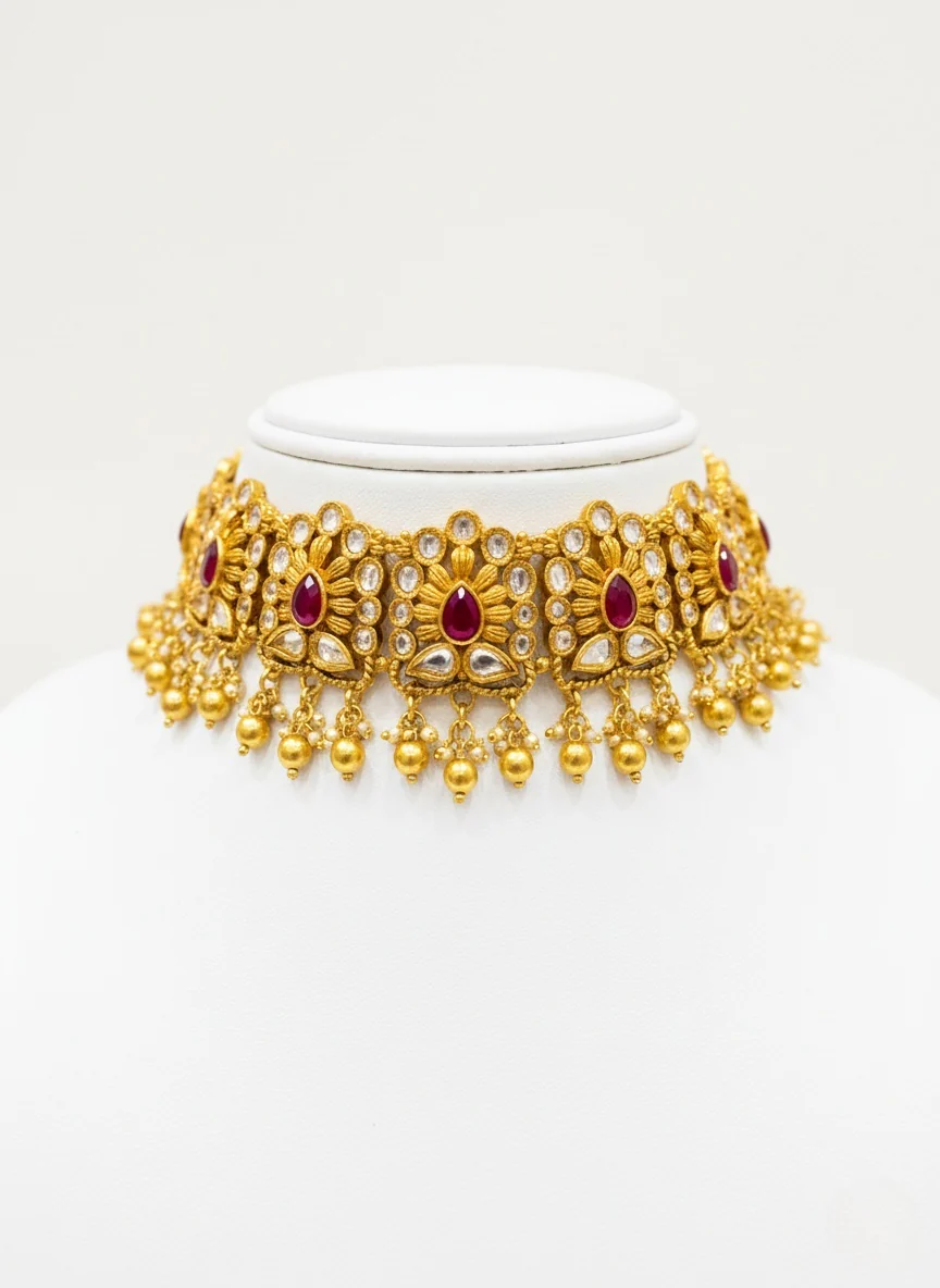 Royal Ruby Kundan Choker Necklace Set with Pearl Drops - Image 3