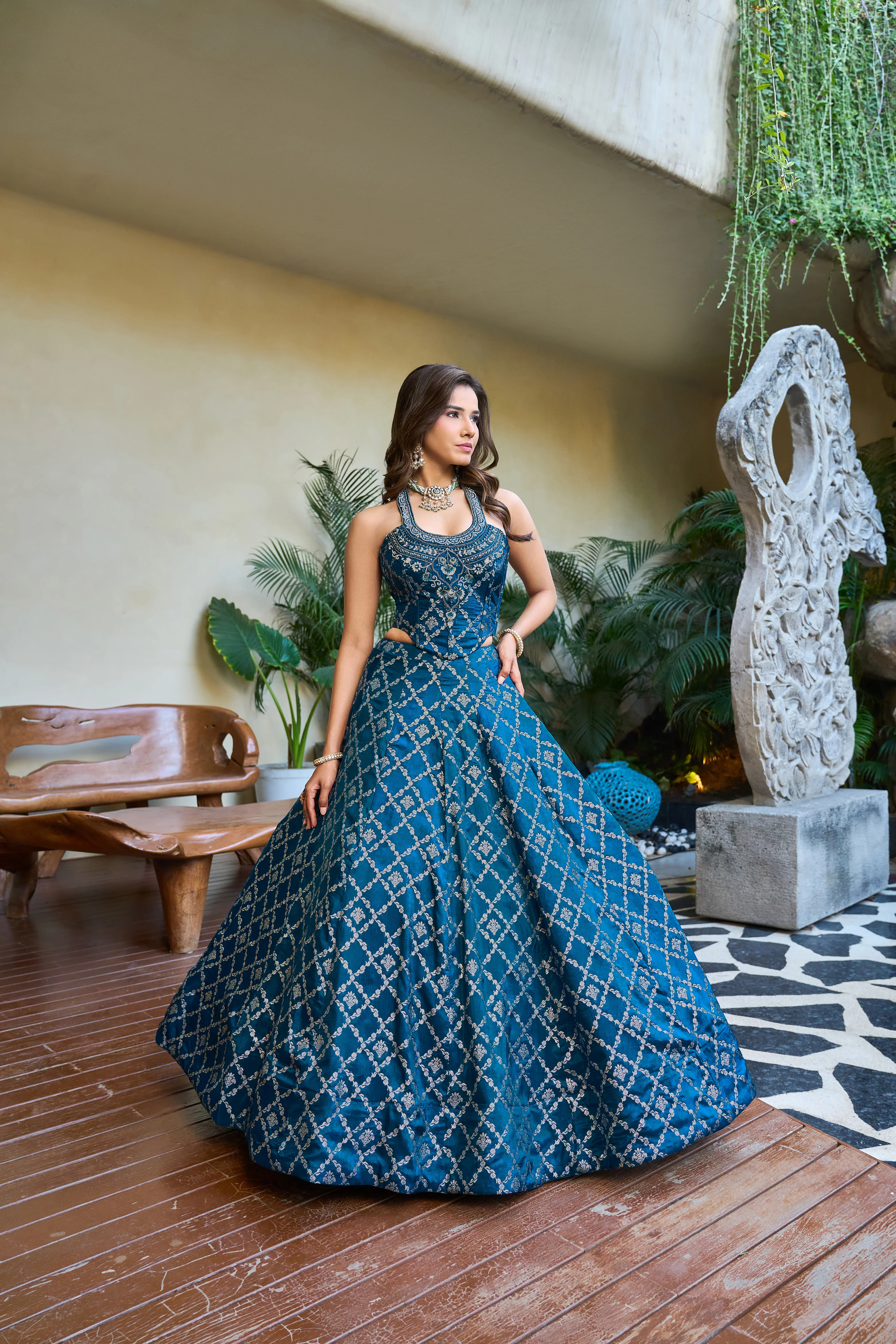 Royal Teal Blue Designer Lehenga Set with Silver Embroidery & Dupatta - Image 3