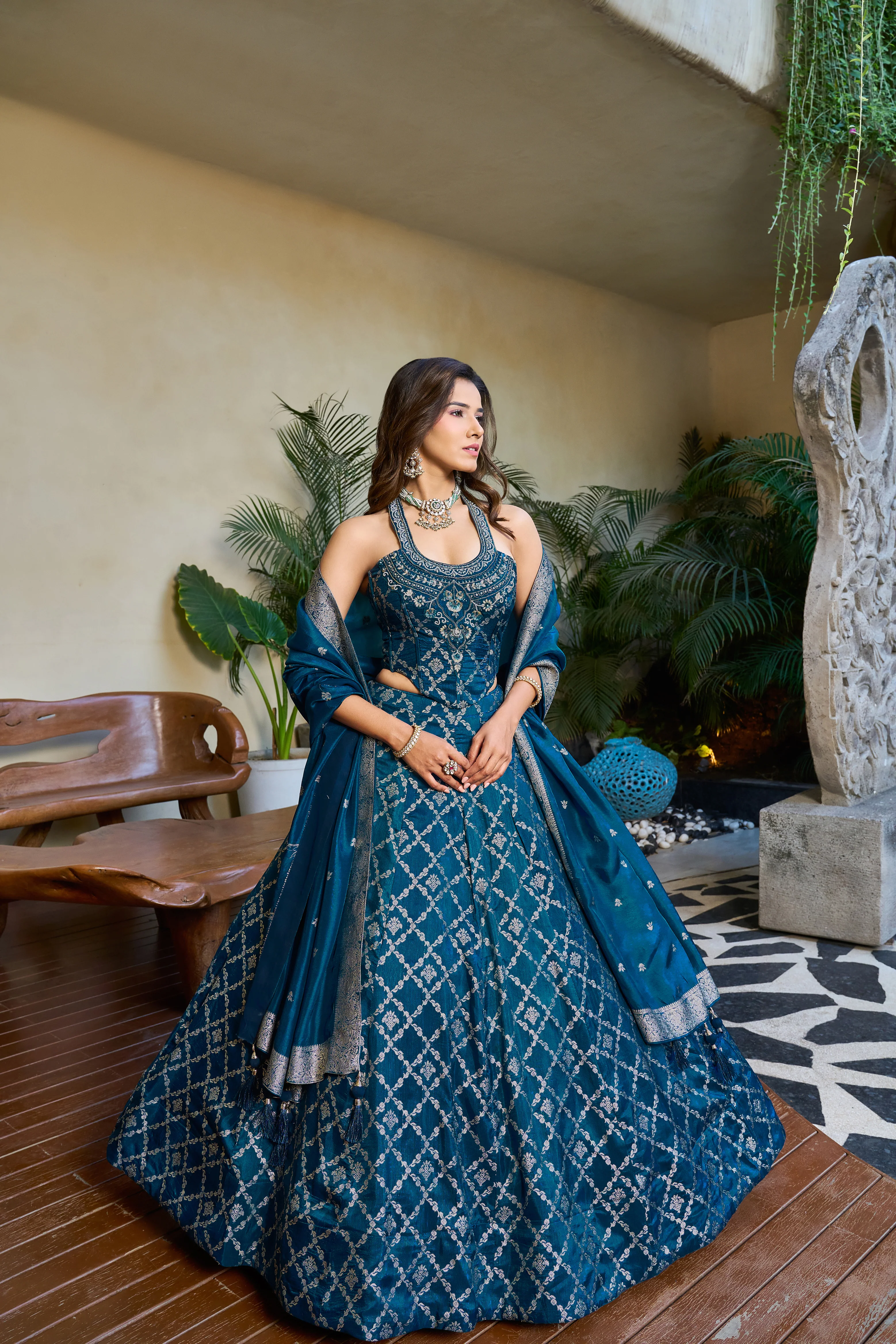 Royal Teal Blue Designer Lehenga Set with Silver Embroidery & Dupatta - Image 4