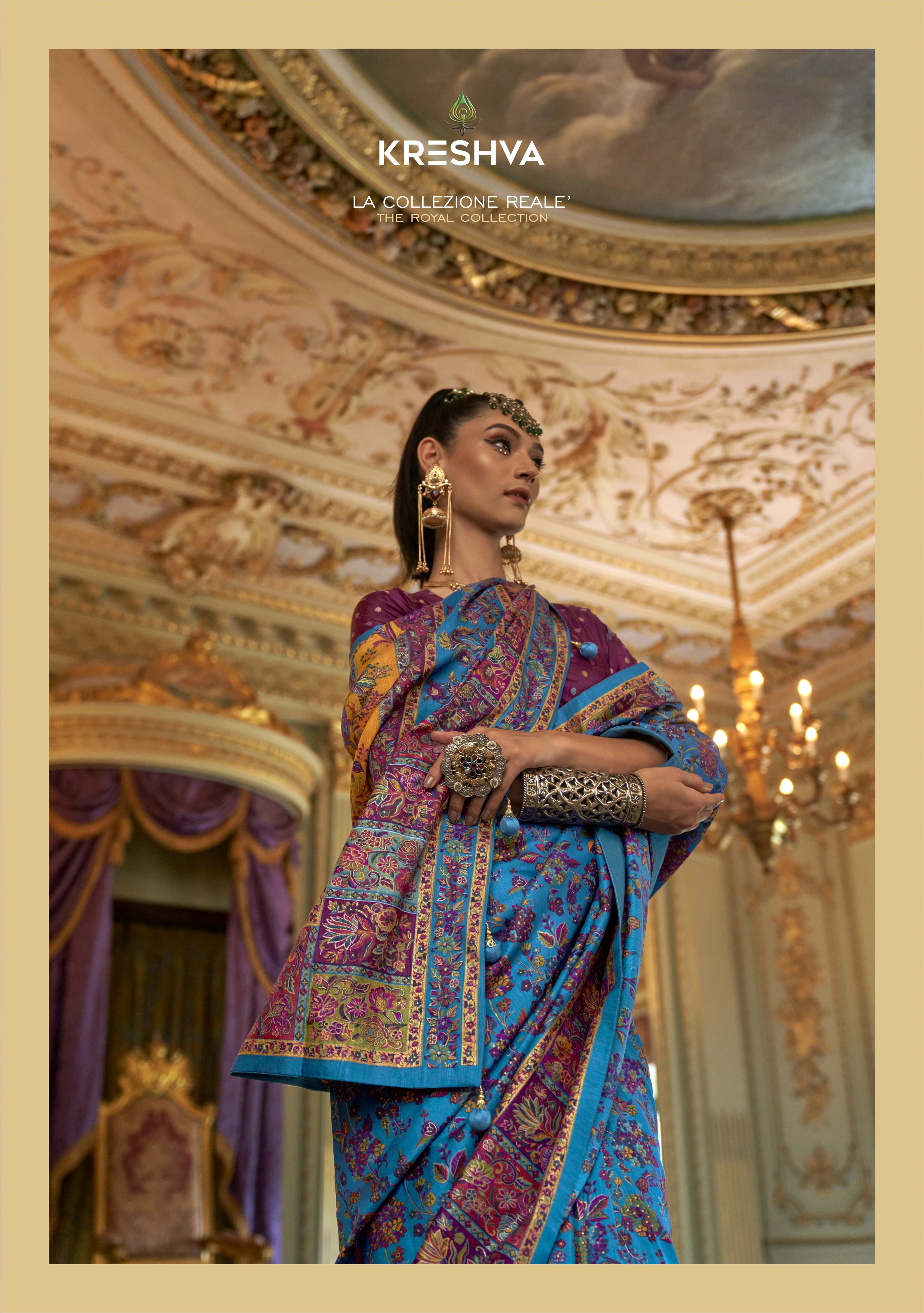 Royal Teal Blue Pashmina Inspired Heritage Print Saree with Magenta Blouse - Image 2