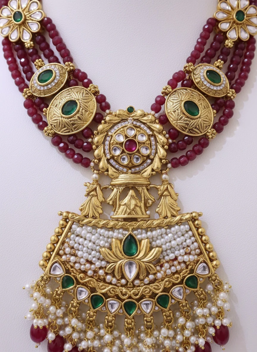 Royal Temple Necklace Set with Ruby Beads & Kundan Embellishments - Image 3