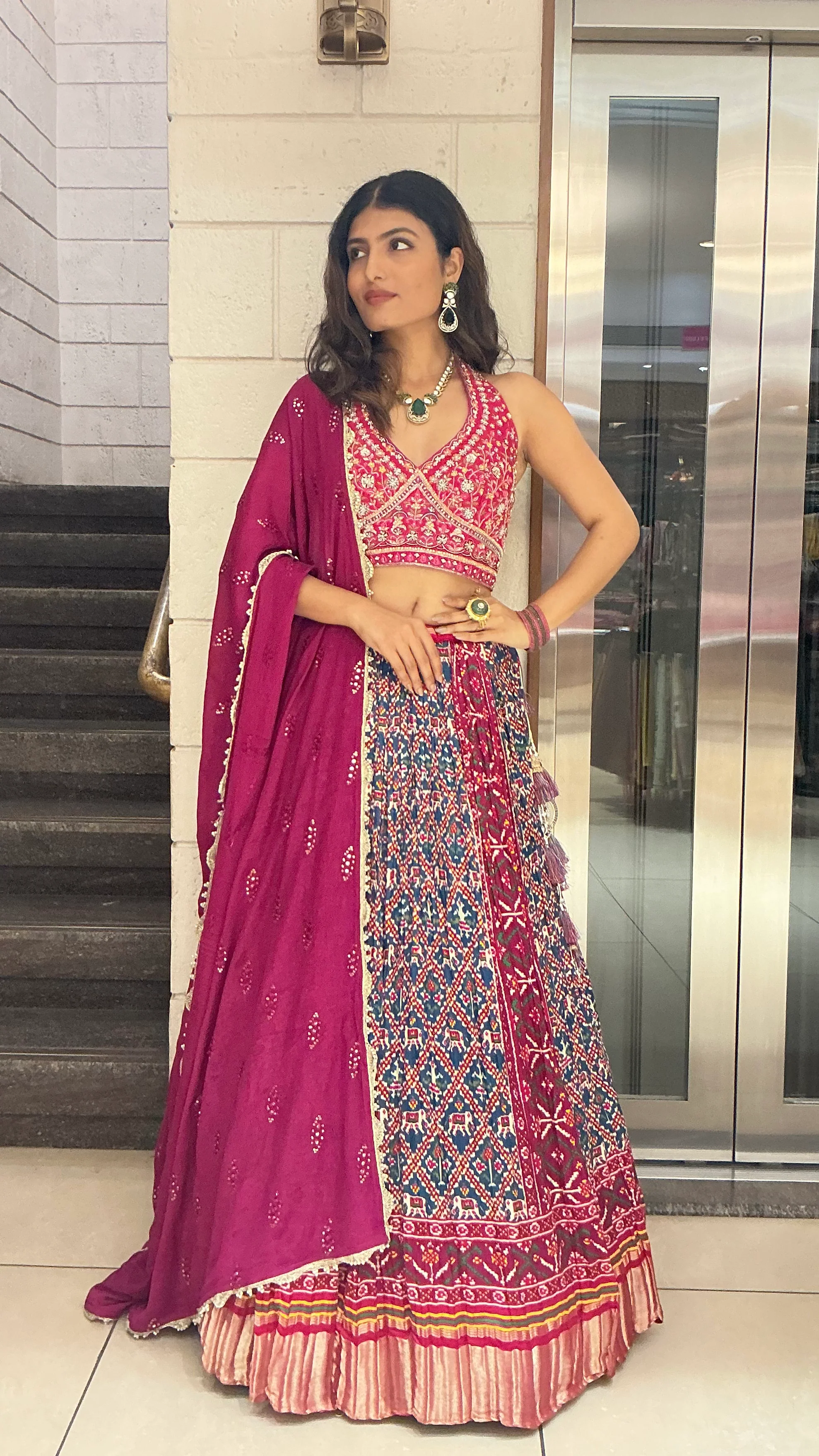 Royal Wine Embroidered Blouse with Heritage Print Lehenga & Dupatta Set - Image 3