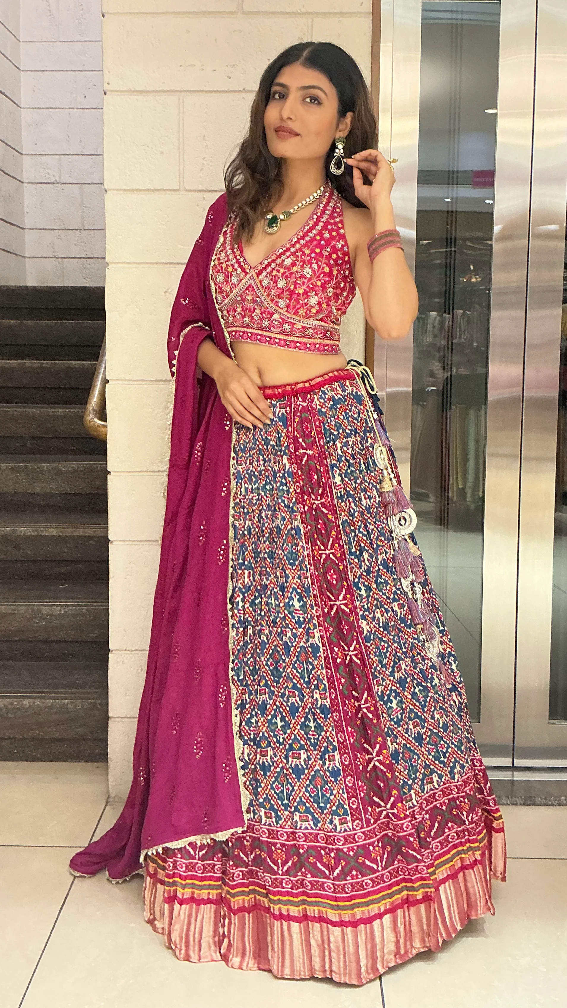 Royal Wine Embroidered Blouse with Heritage Print Lehenga & Dupatta Set - Image 4