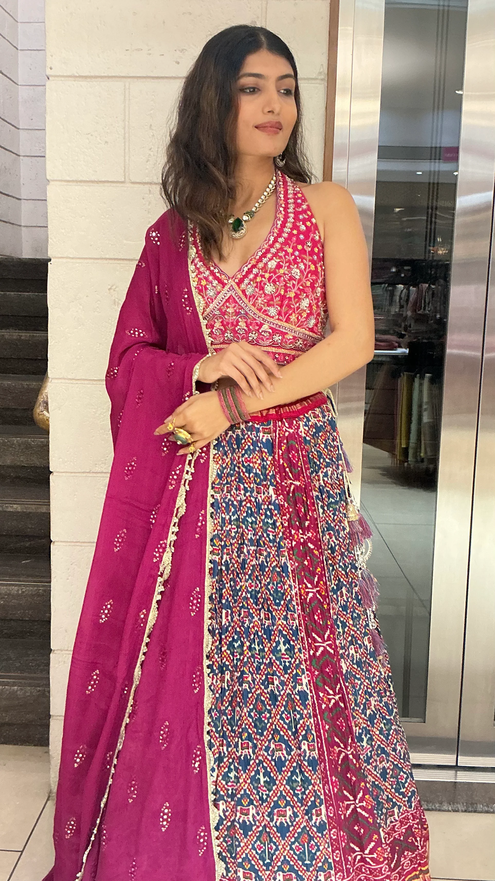 Royal Wine Embroidered Blouse with Heritage Print Lehenga & Dupatta Set - Image 7