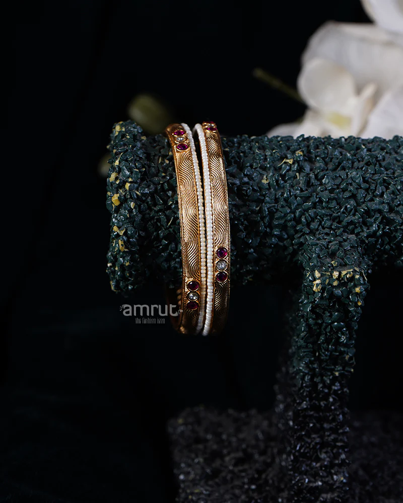Ruby and Bead Embellished Intricate Design Gold-Toned Bangles - Image 2