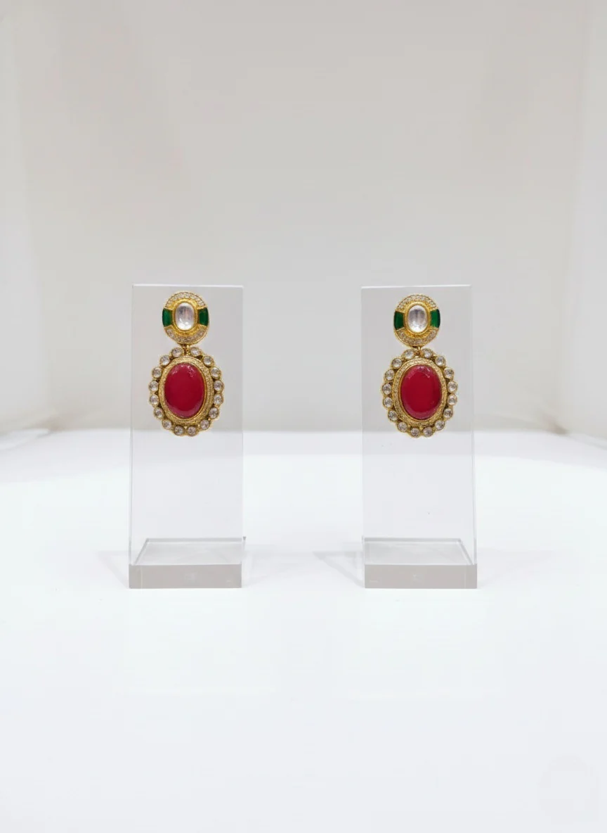 Ruby & Emerald Kundan Polki Necklace Set with Pearl Detailing - Image 2