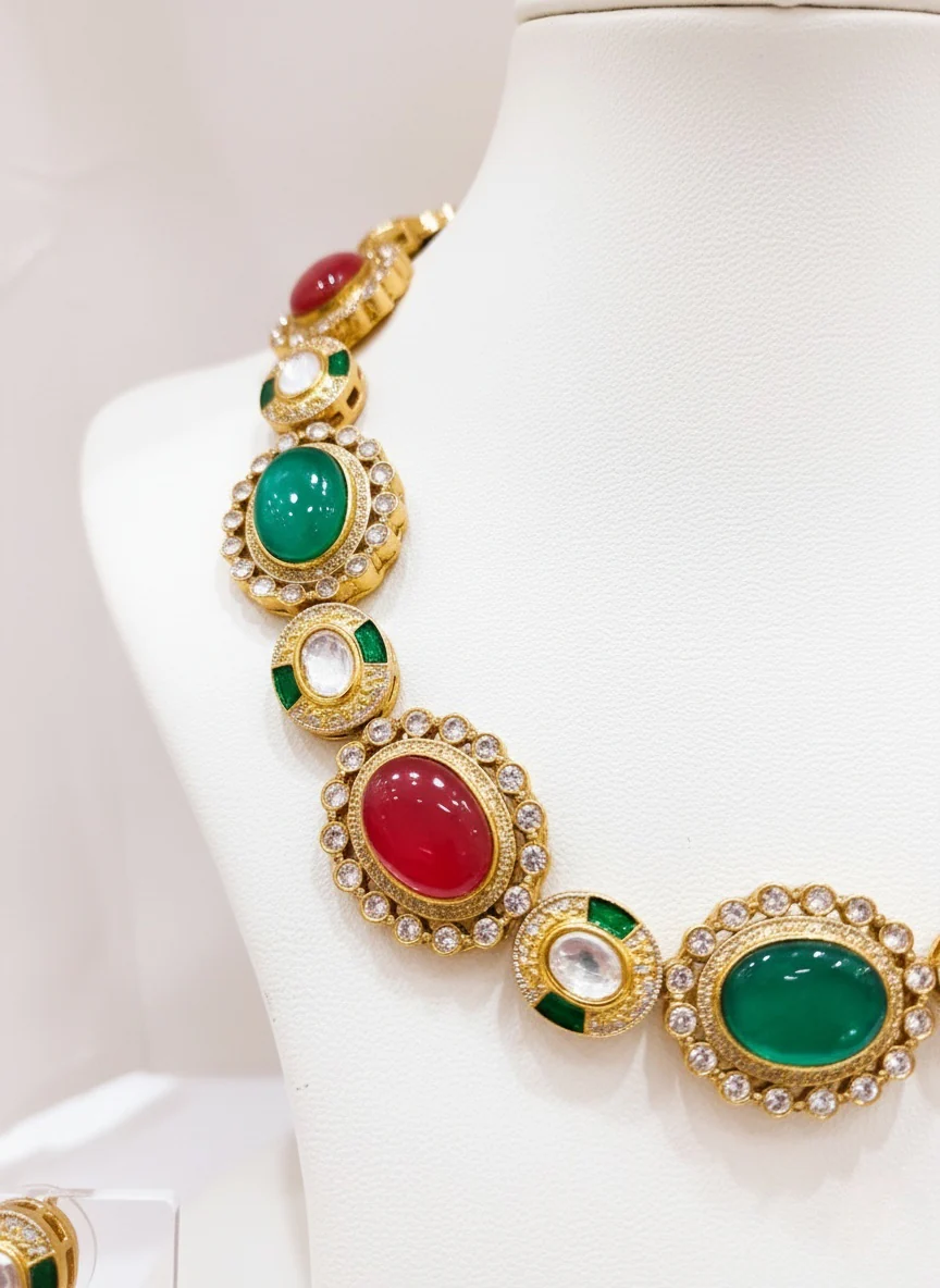 Ruby & Emerald Kundan Polki Necklace Set with Pearl Detailing - Image 3