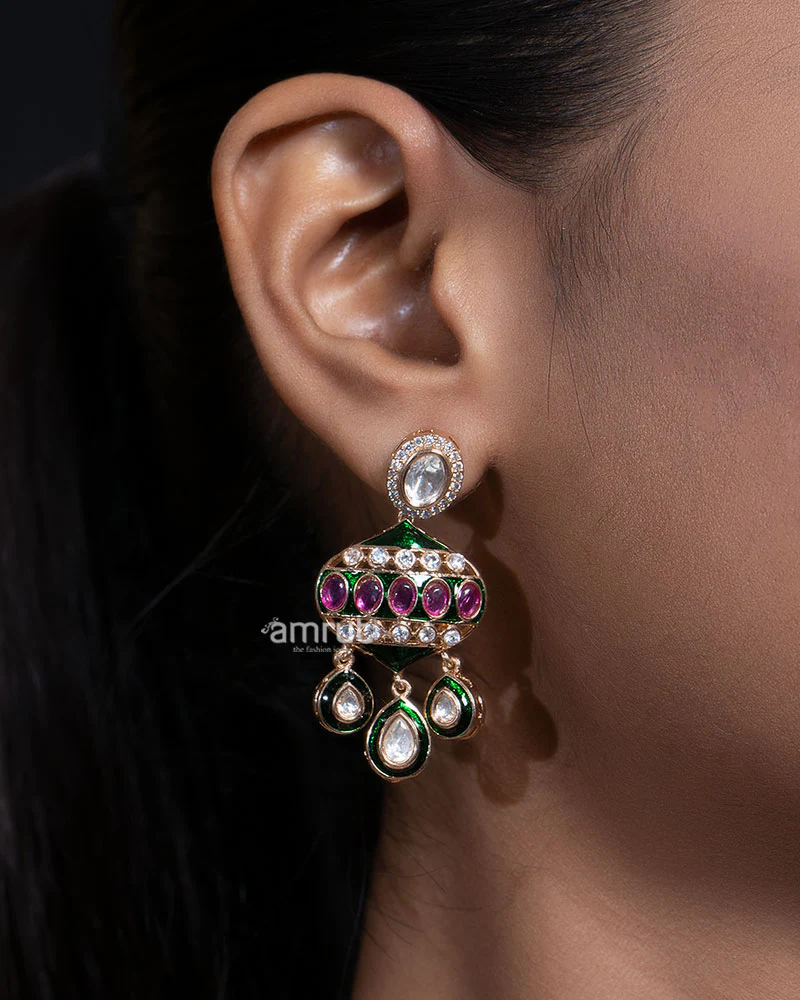 Ruby Green Enamel Kundan Necklace with Teardrop Pendant - Image 2
