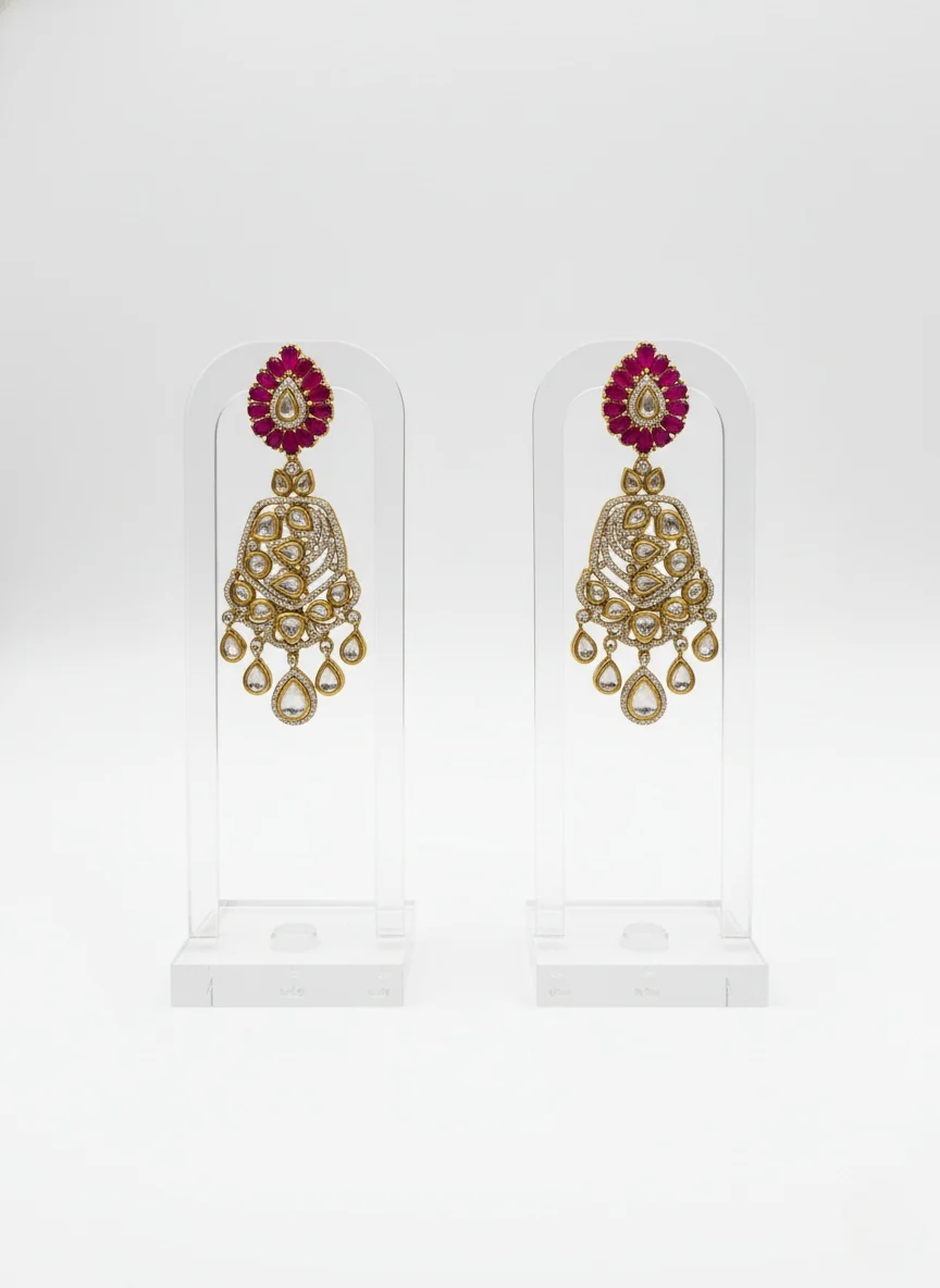 Ruby Pink & Gold Kundan Bridal Choker Necklace Set with Heavy Statement Earrings - Image 2