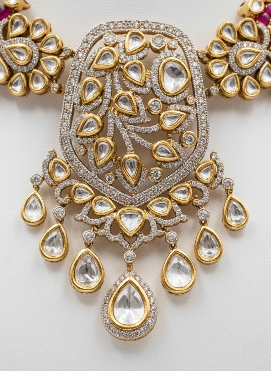 Ruby Pink & Gold Kundan Bridal Choker Necklace Set with Heavy Statement Earrings - Image 3