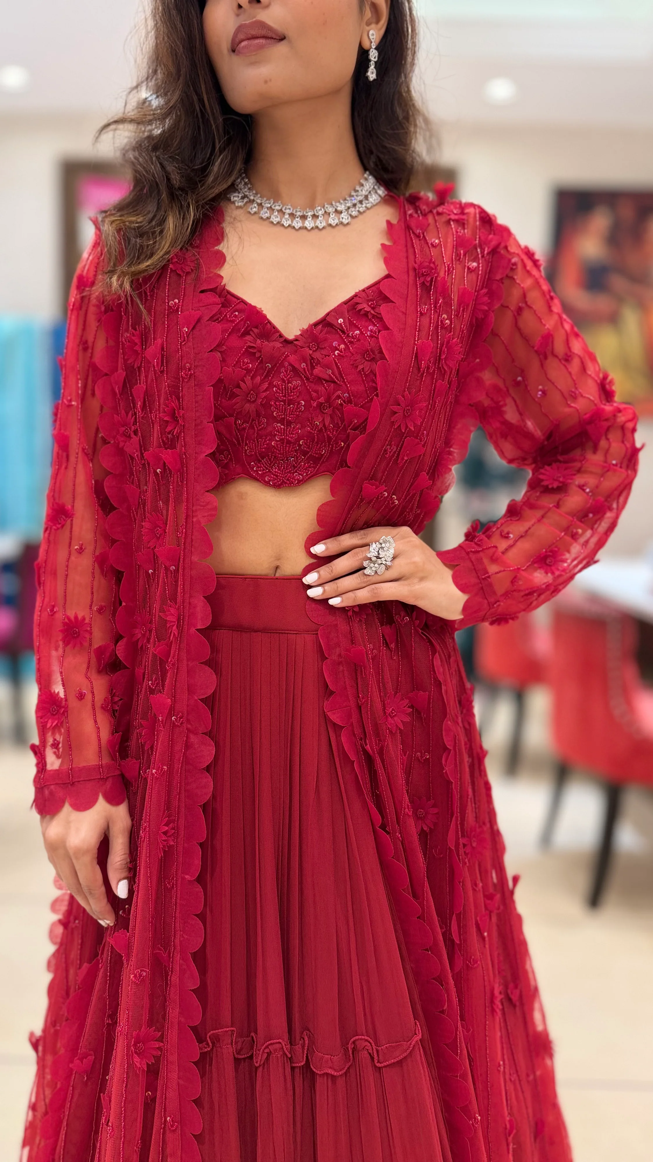 Ruby Red Embroidered Indo-Western Set with Sheer Jacket - Image 2