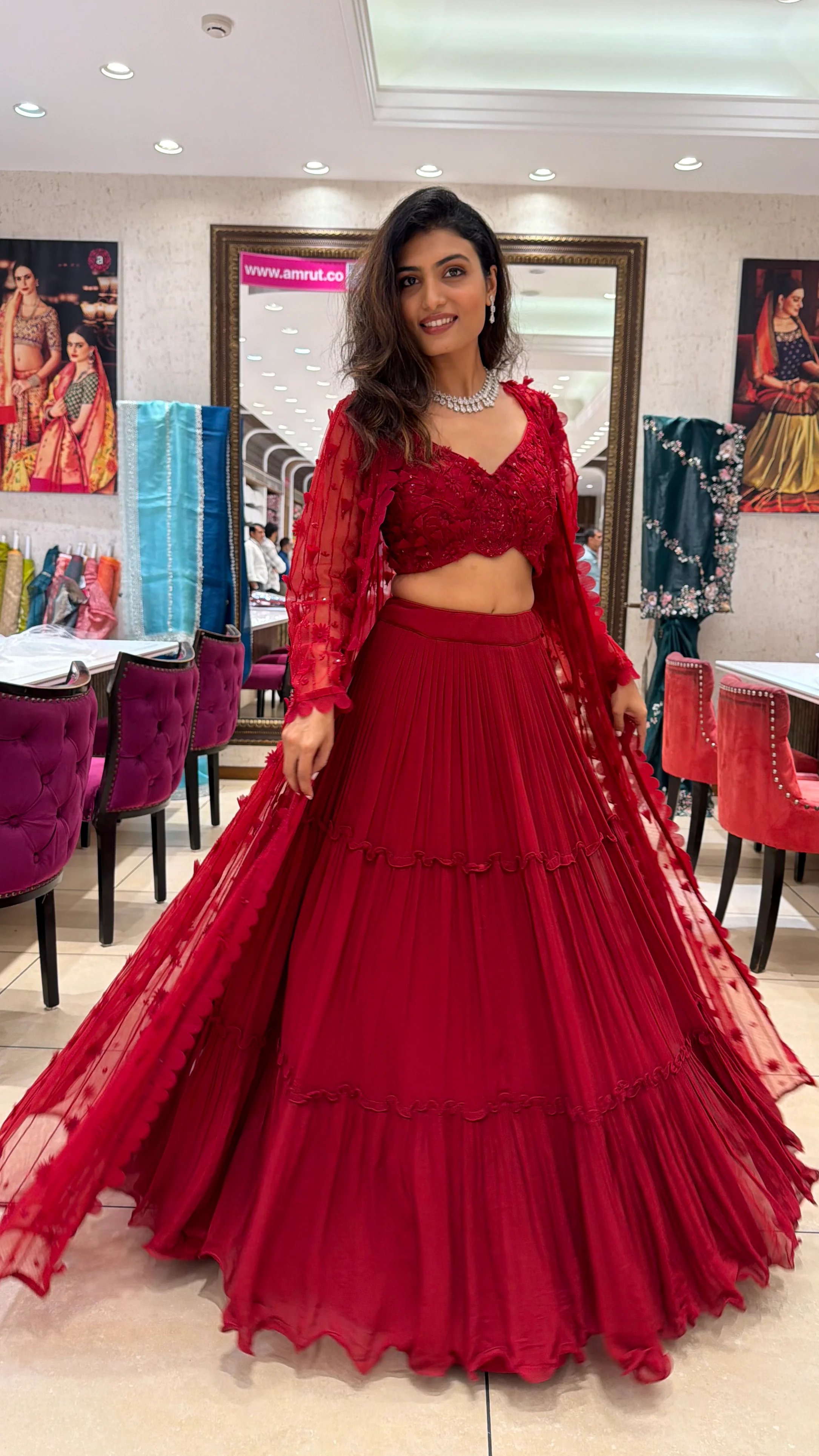Ruby Red Embroidered Indo-Western Set with Sheer Jacket - Image 3
