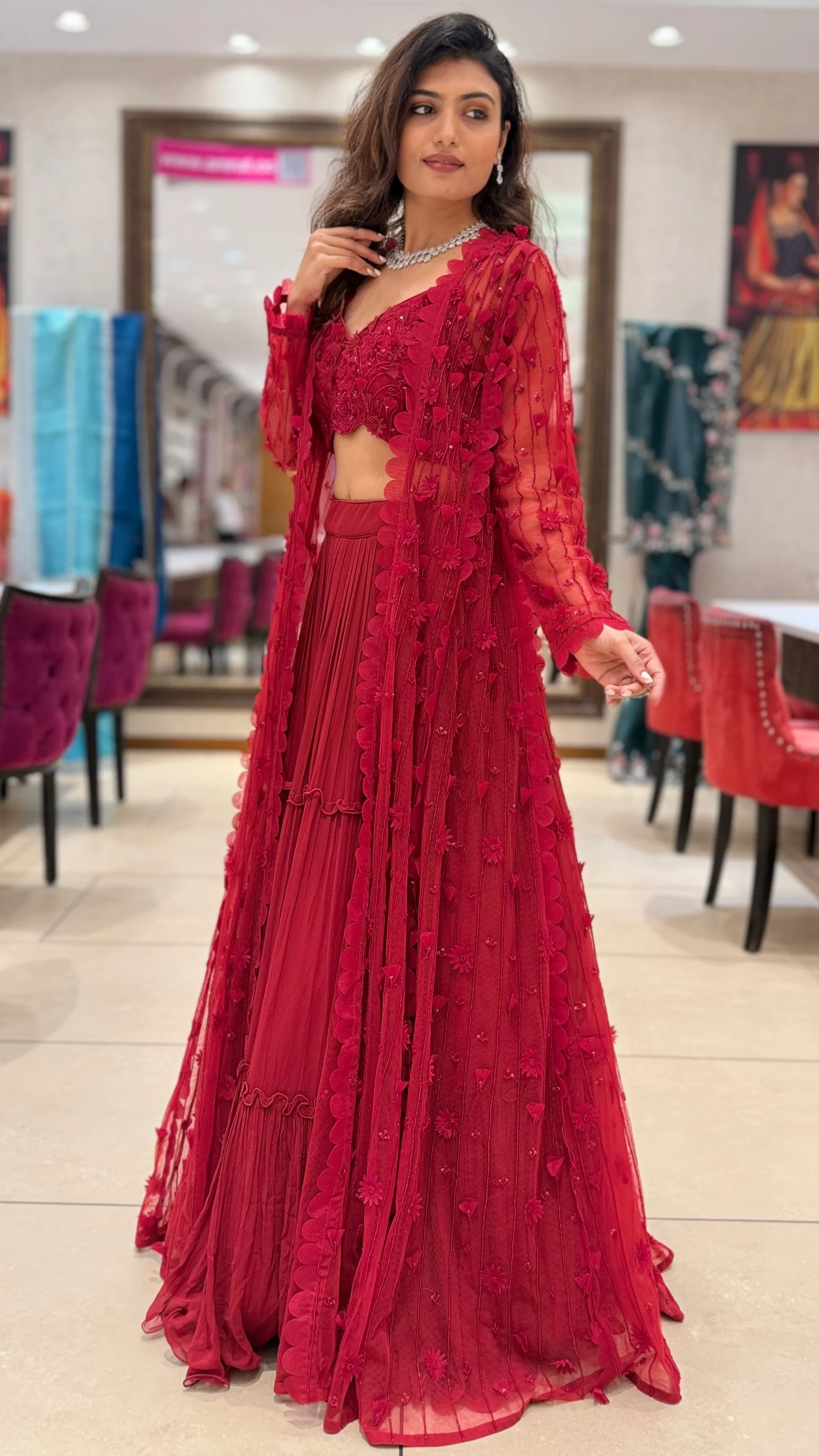Ruby Red Embroidered Indo-Western Set with Sheer Jacket - Image 4