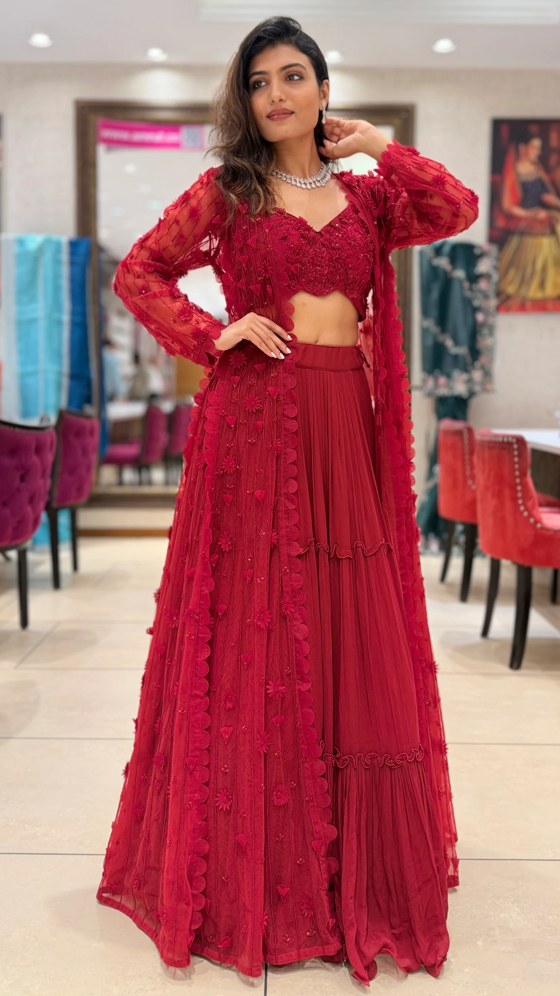 Ruby Red Embroidered Indo-Western Set with Sheer Jacket - Image 5