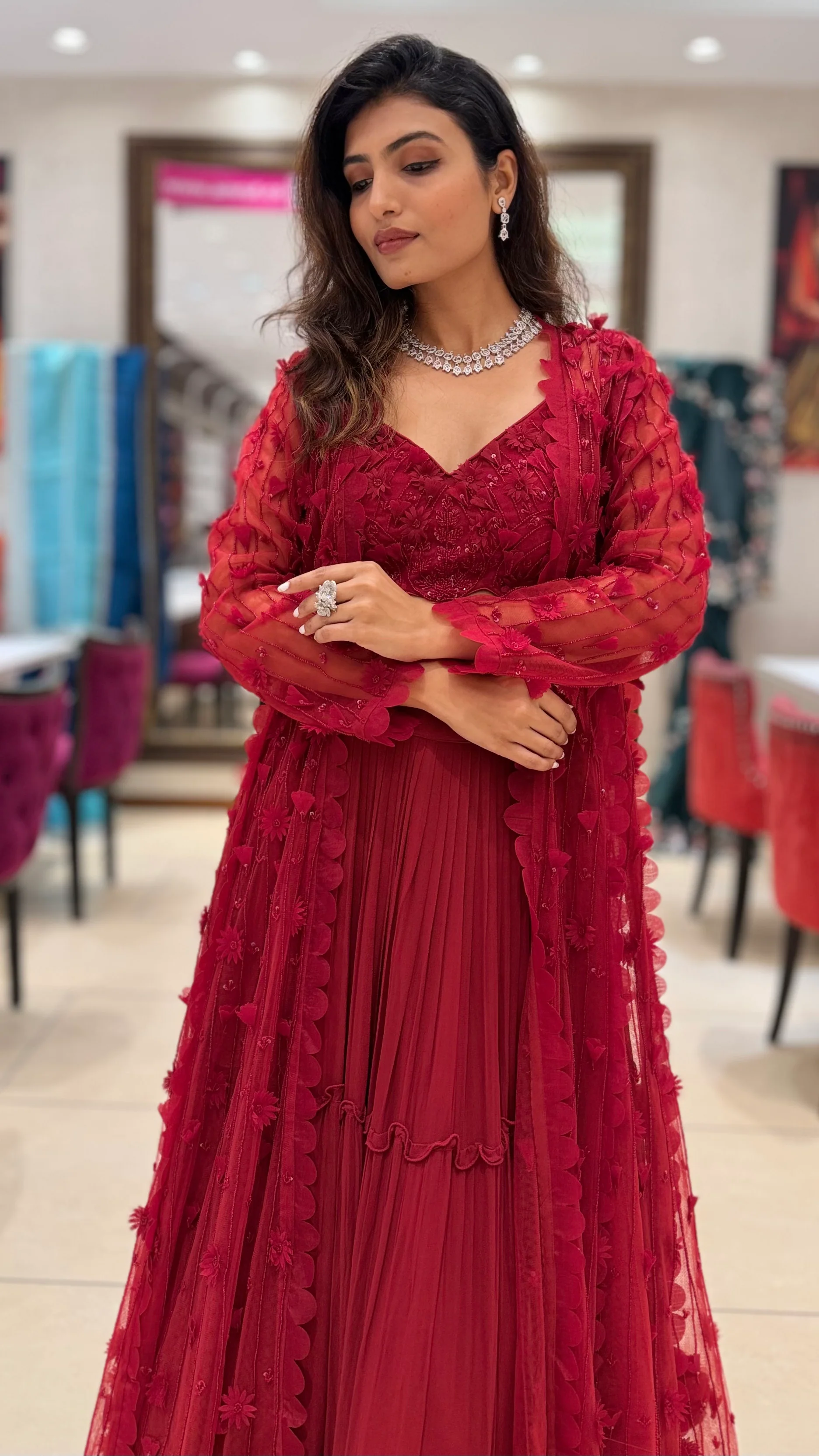 Ruby Red Embroidered Indo-Western Set with Sheer Jacket - Image 6