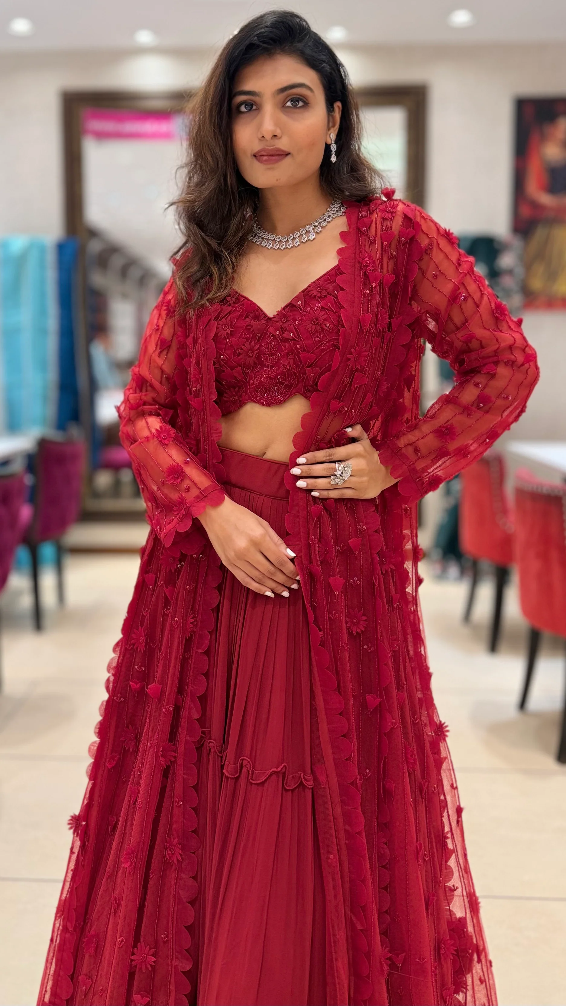 Ruby Red Embroidered Indo-Western Set with Sheer Jacket - Image 7