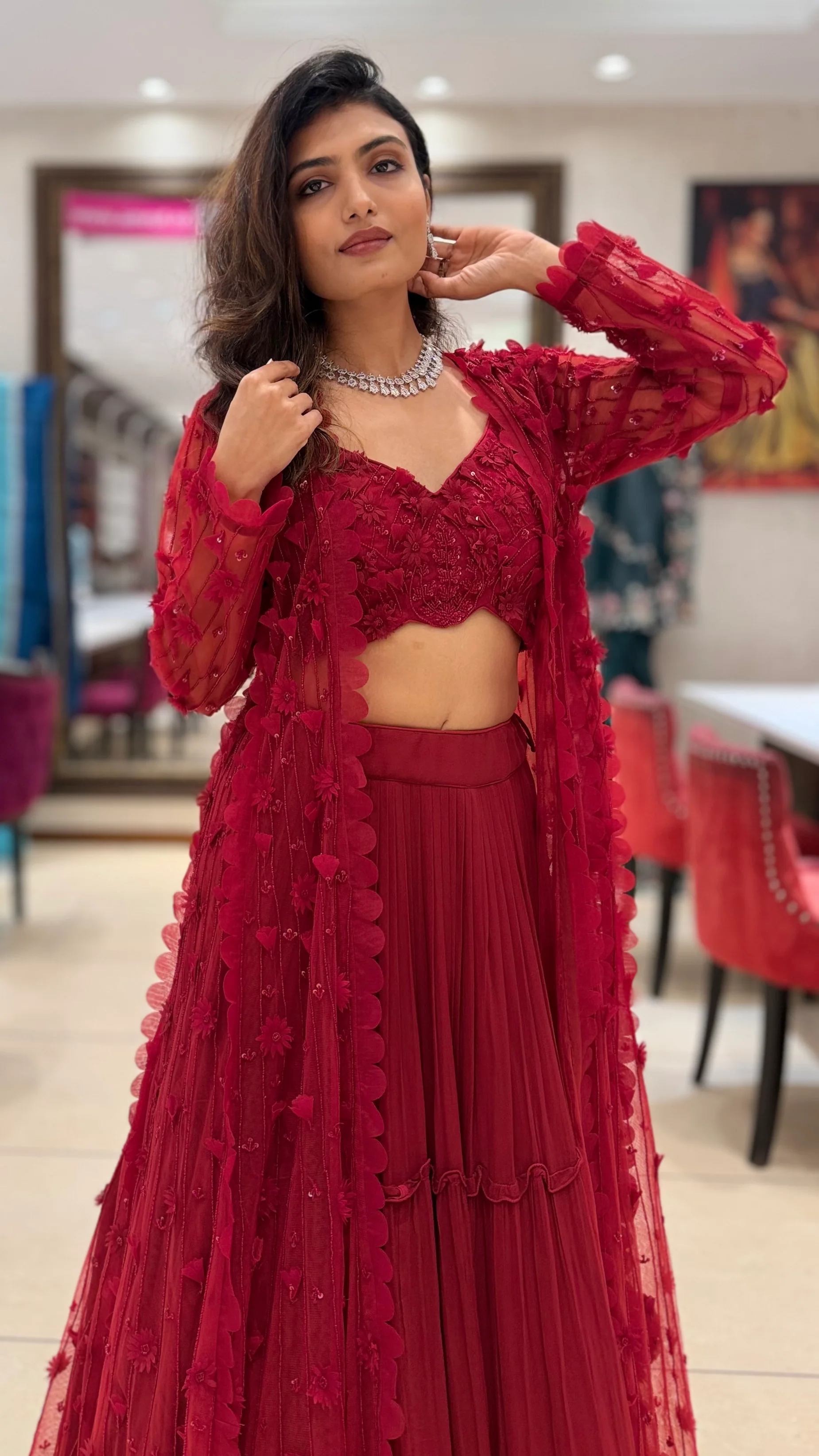 Ruby Red Embroidered Indo-Western Set with Sheer Jacket - Image 8
