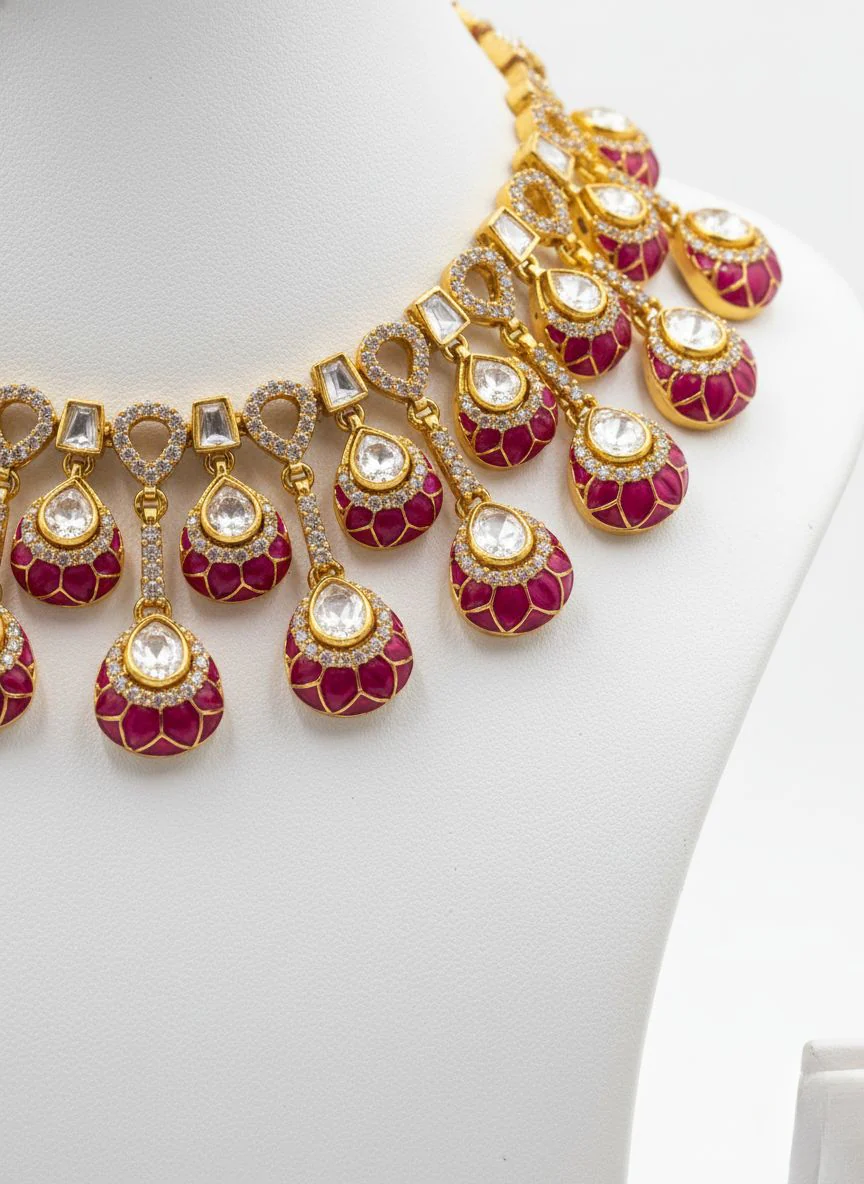 Ruby Red & Gold Kundan Choker Necklace Set with Matching Chandbali Earrings - Image 3