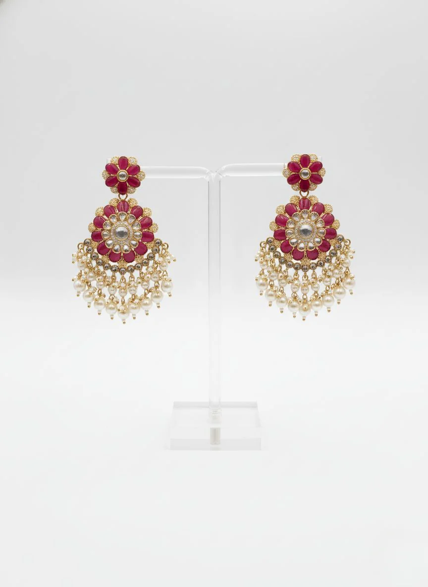 Ruby Red Kundan Bridal Choker Necklace Set with Pearl Drops & Matching Earrings - Image 2