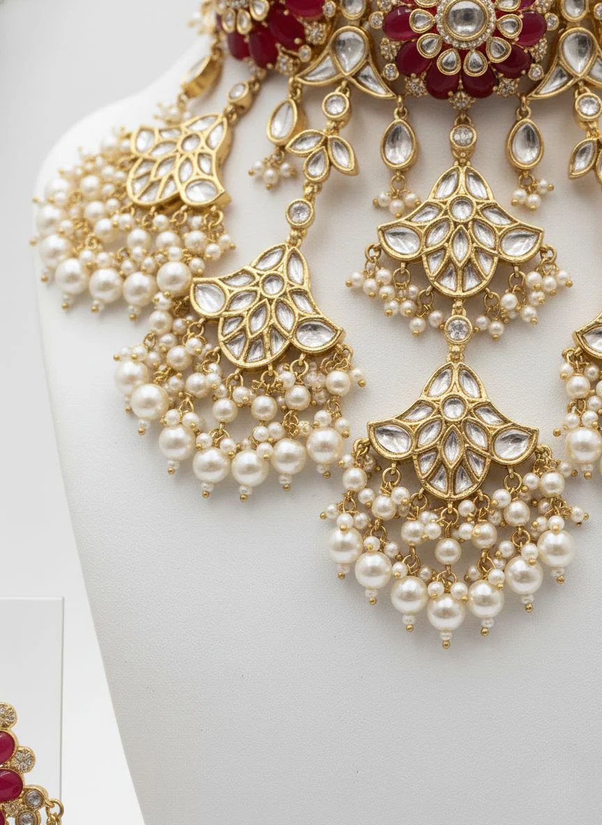 Ruby Red Kundan Bridal Choker Necklace Set with Pearl Drops & Matching Earrings - Image 3