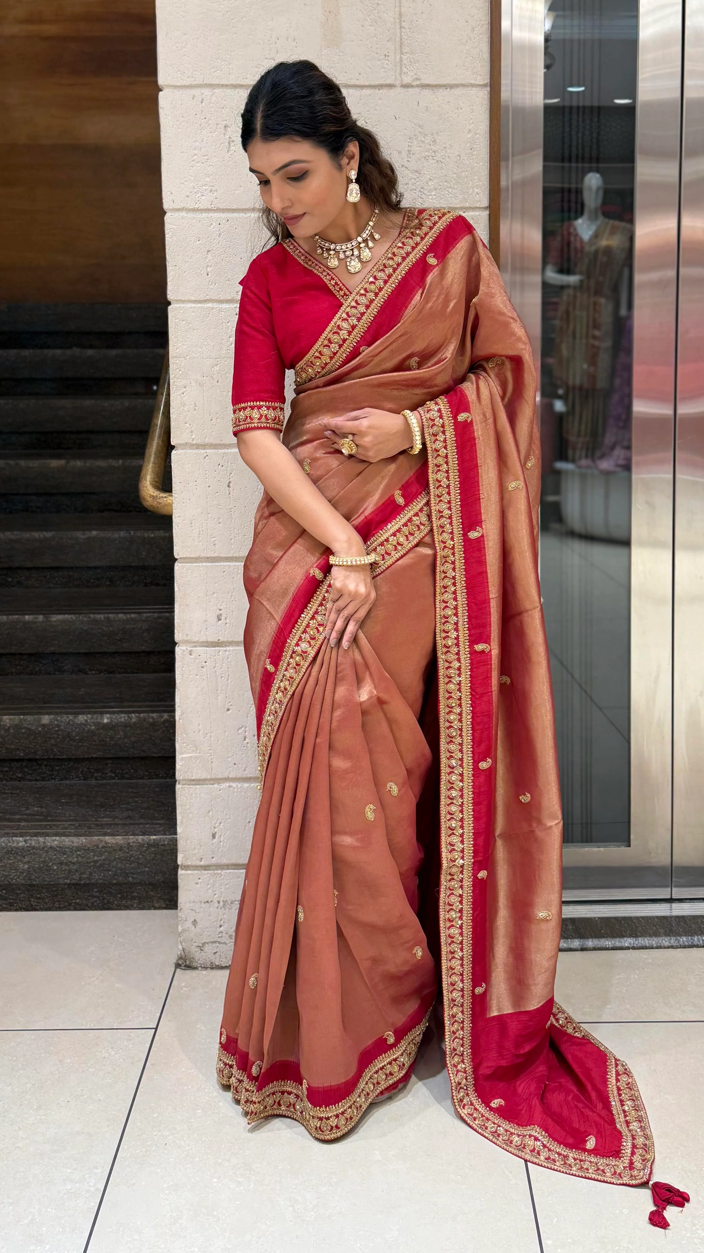Rust Brown & Maroon Hand-Embroidered Silk Saree with Designer Border - Image 3