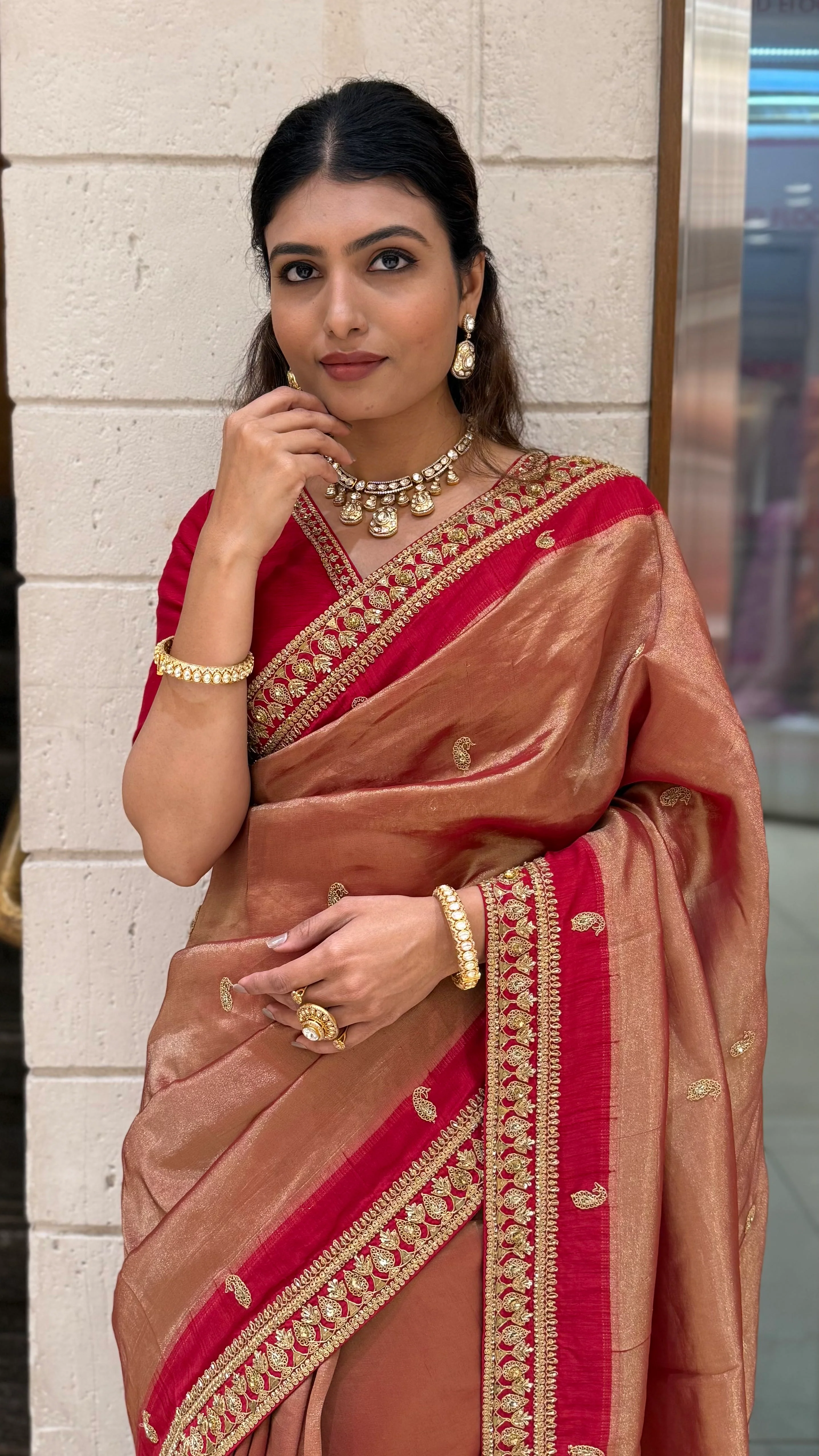 Rust Brown & Maroon Hand-Embroidered Silk Saree with Designer Border - Image 5
