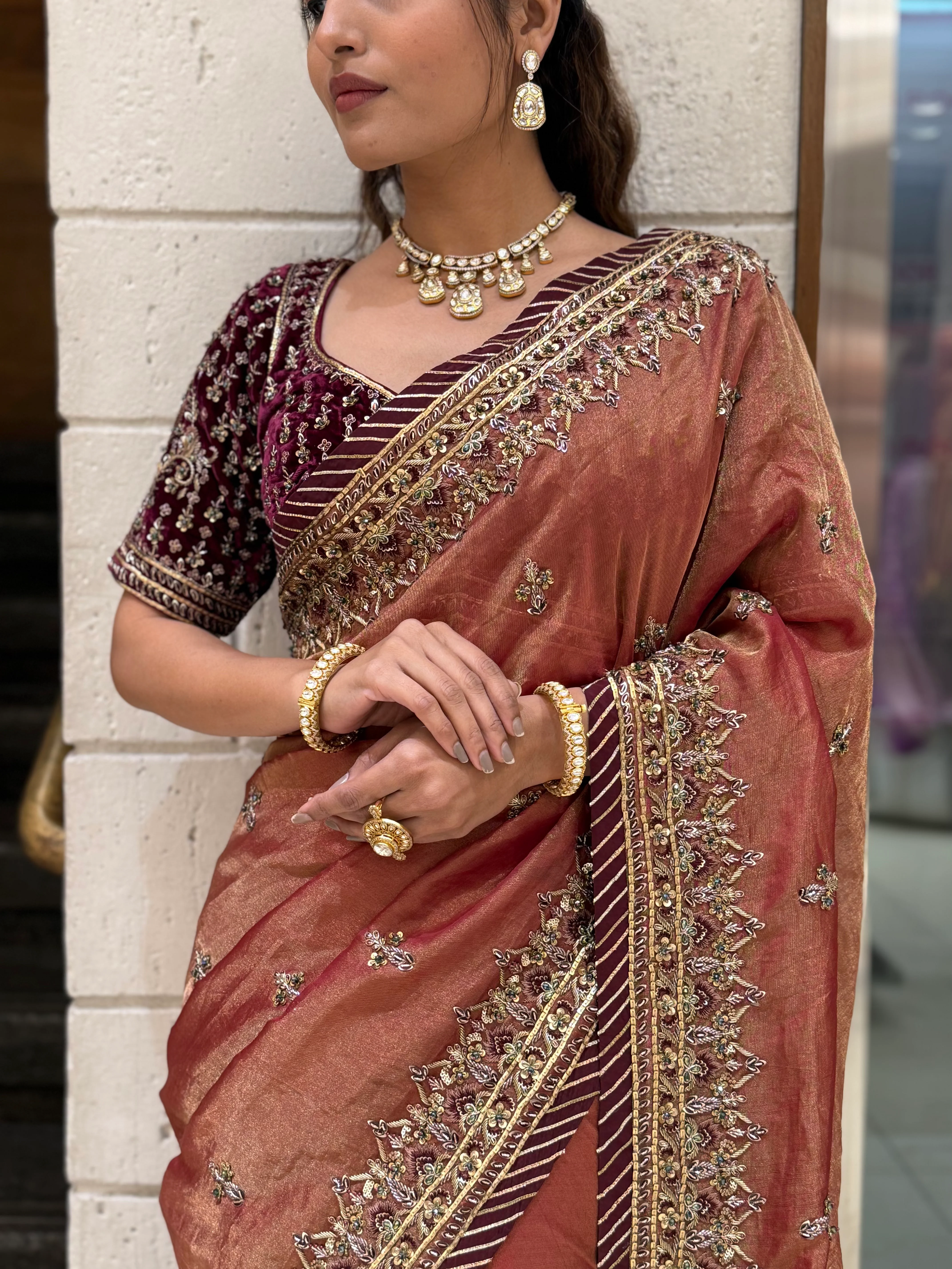 Rust Copper Designer Embroidered Saree with Maroon Blouse - Image 2
