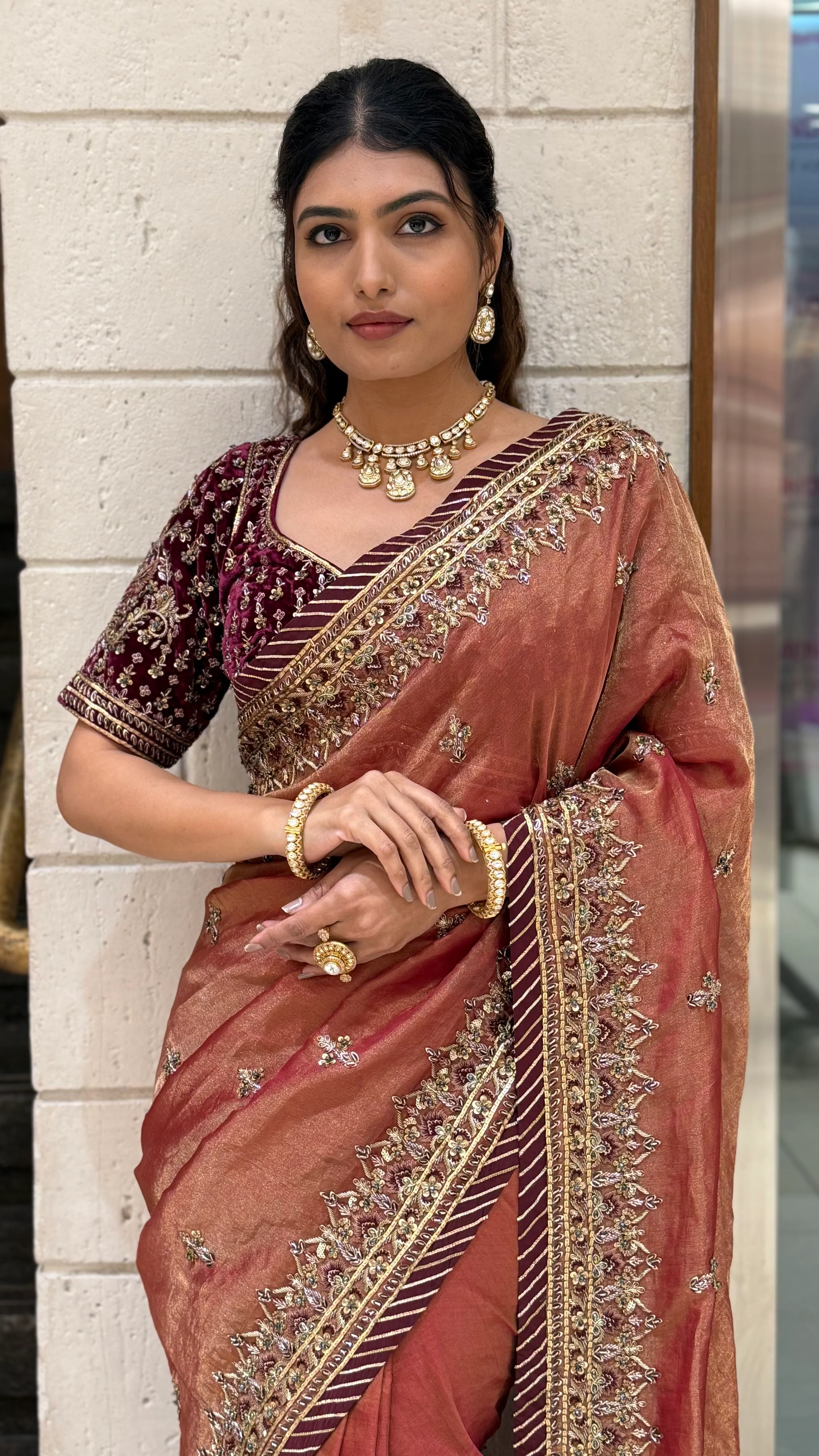 Rust Copper Designer Embroidered Saree with Maroon Blouse - Image 4