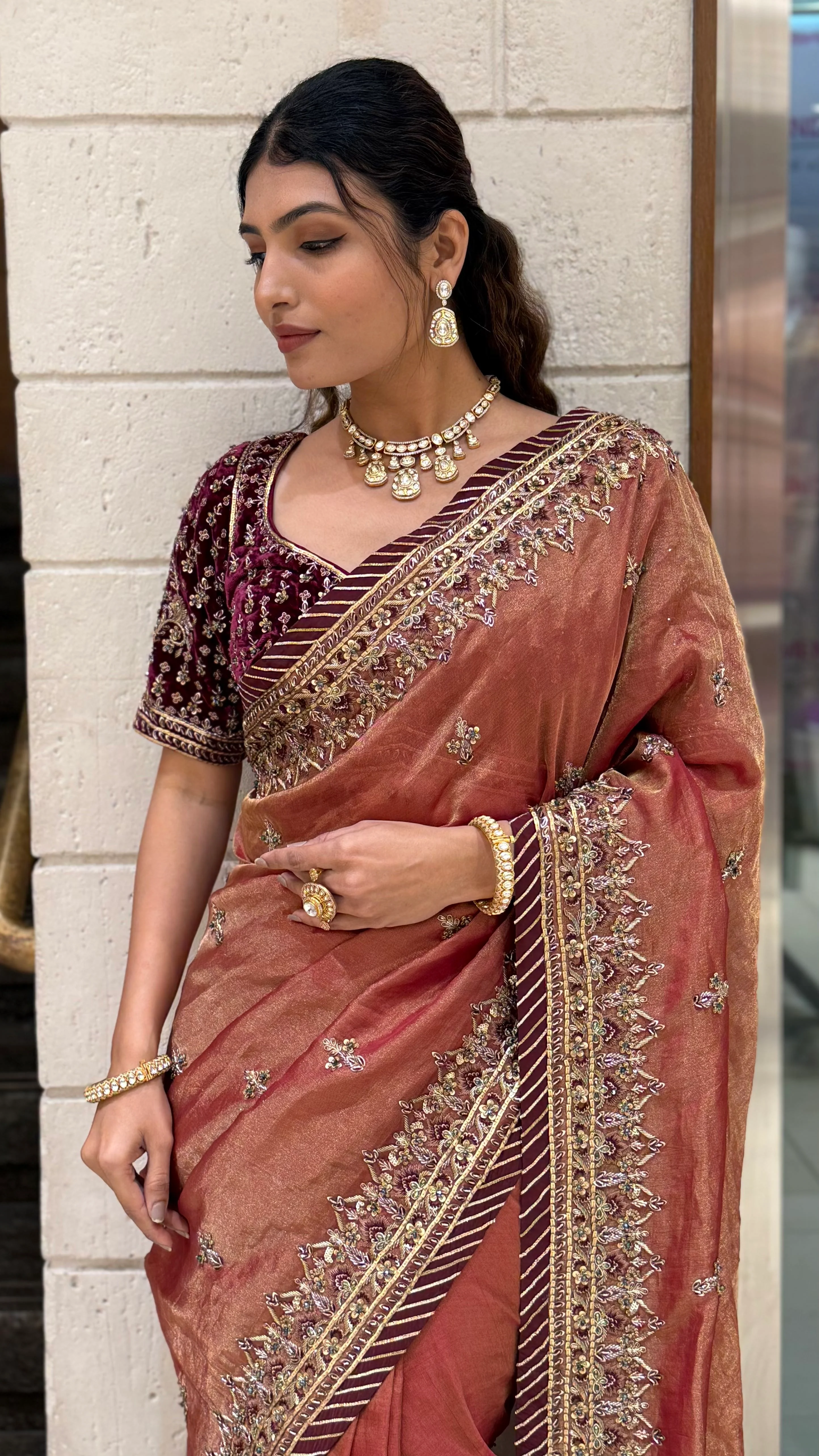 Rust Copper Designer Embroidered Saree with Maroon Blouse - Image 5