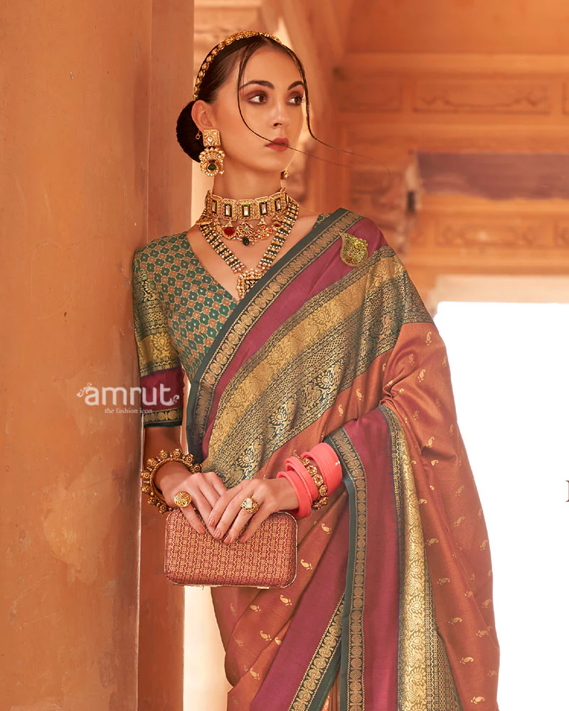 Rust Orange and Teal Dual-Tone Borders Printed Patola Silk Saree with Unstitched Blouse - Image 2